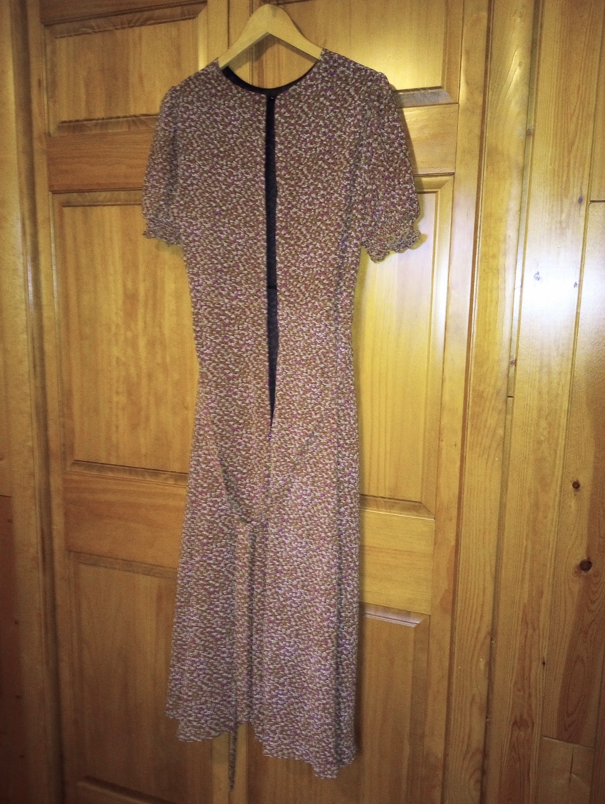 Calico Prairie Dress Brown Sz Large Boho Midi puff sleeve lined belt zip keyhole
