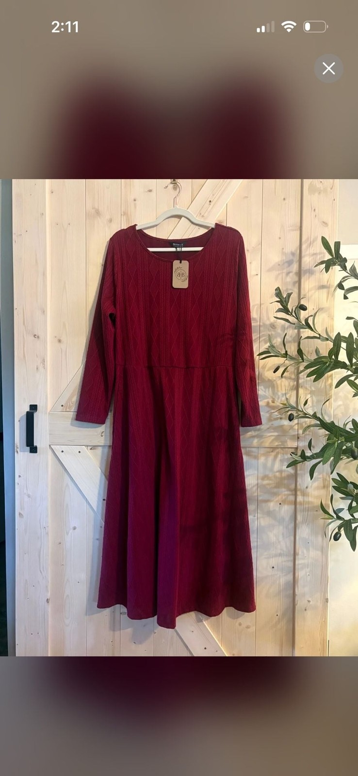 BloomChic Burgundy Long Sleeve Cable Knit Midi Dress