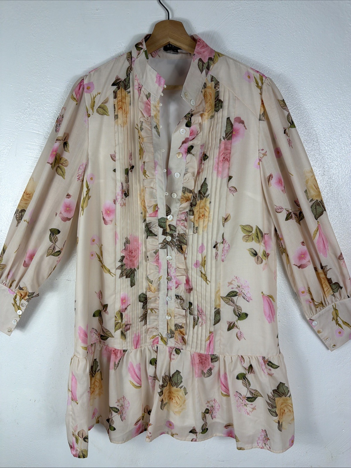Beulah Style Ruffled Beige Yellow And Pink Long Sleeves Floral Midi Dress M