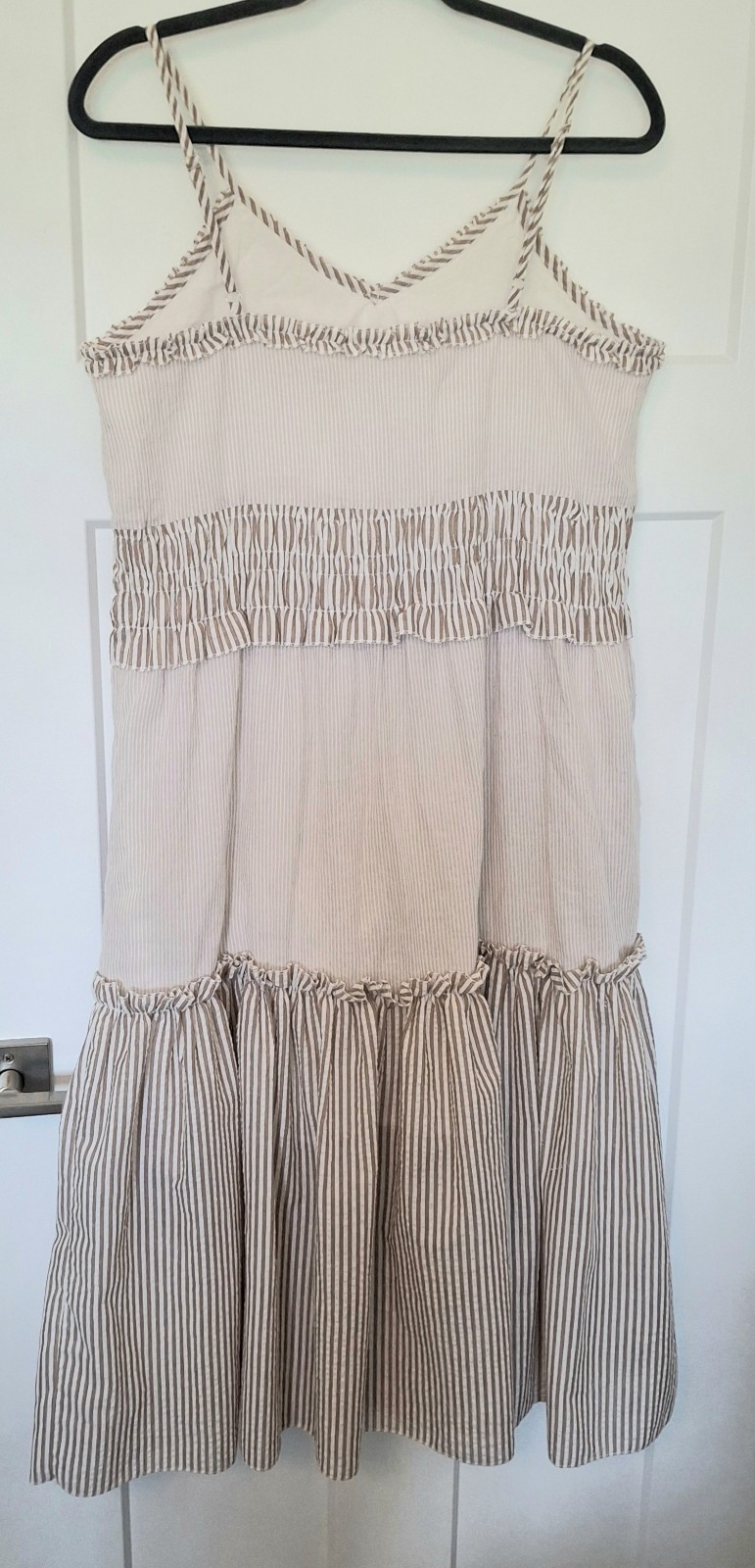 POL Womens Large Ivory Taupe Striped Tiered Sundress Smocked Empire Waist Boho