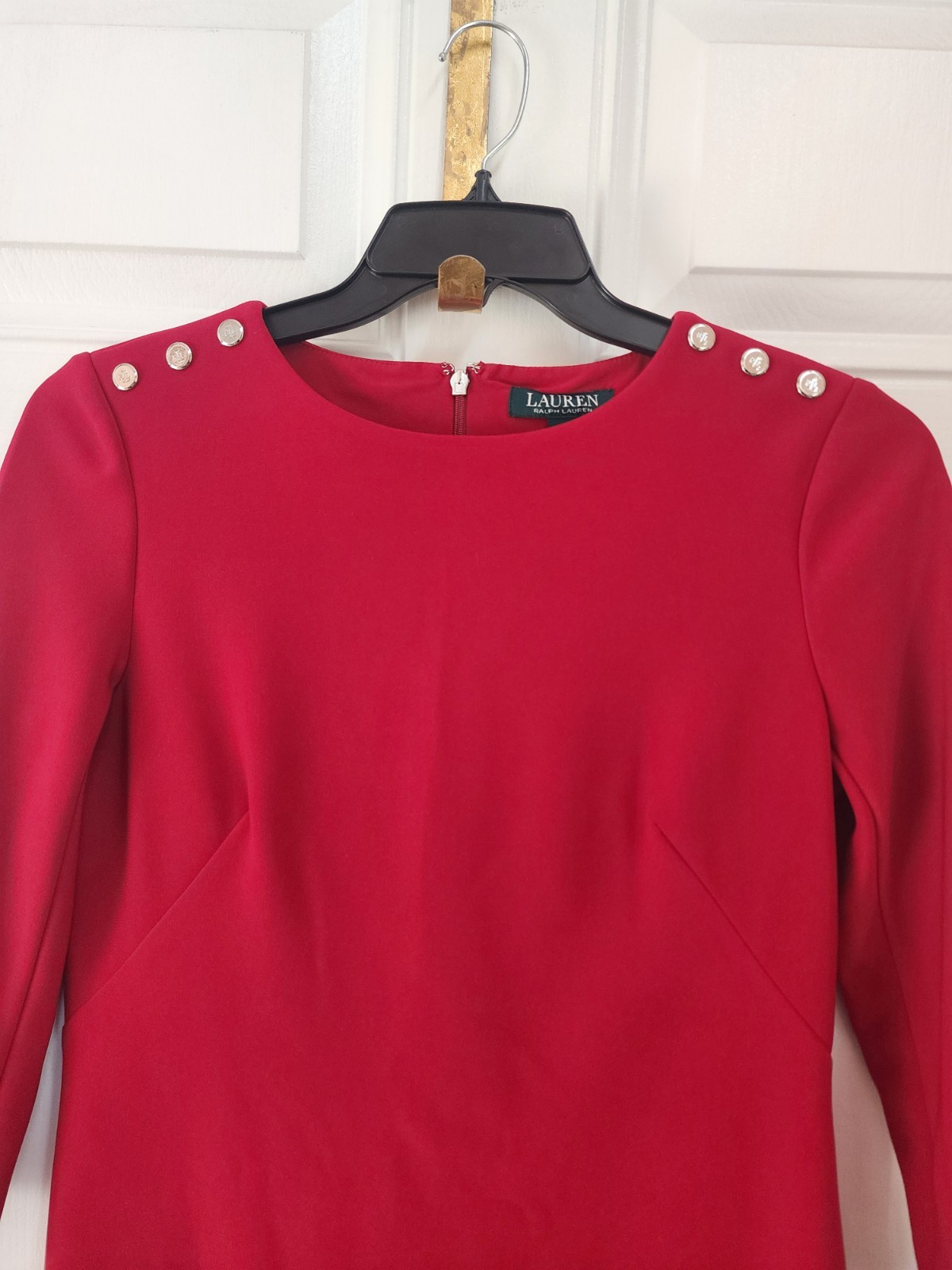 RALPH LAUREN Red Logo Button Round Neck Long Sleeve Stretch Sheath Dress Sz 8