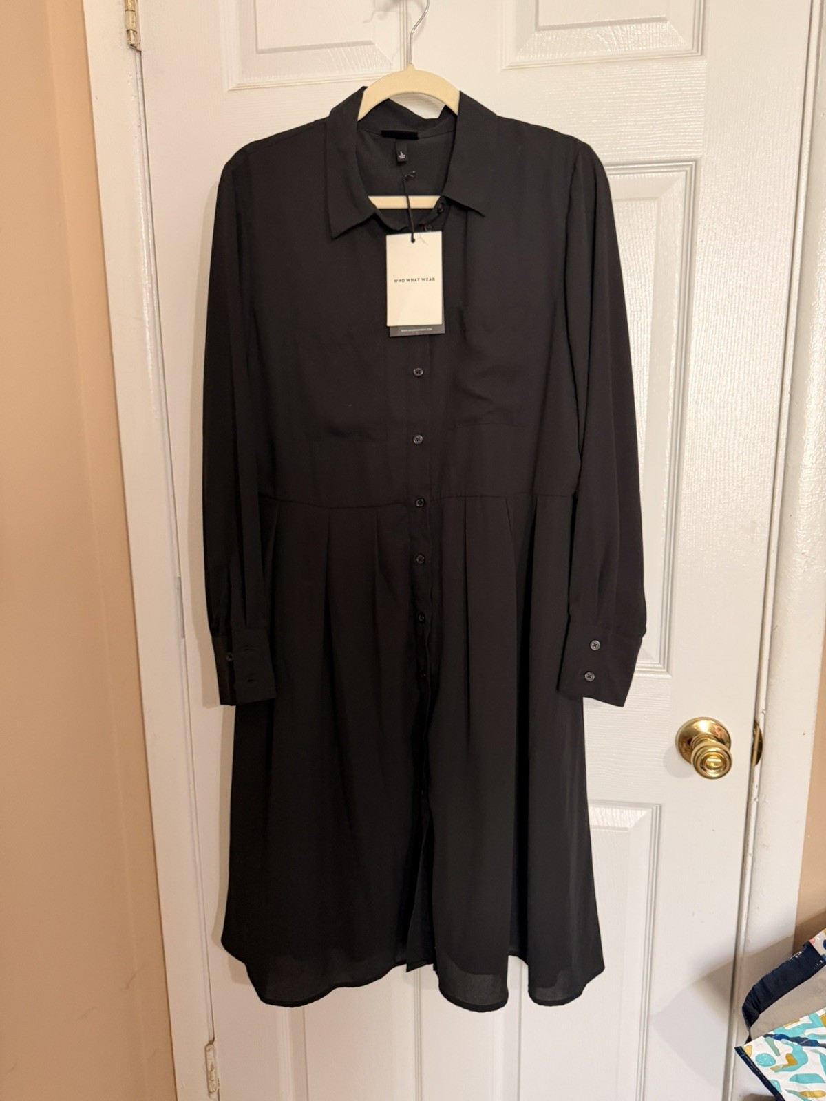 Who What Wear Women’s Black Long Sleeve Woven Lined Button Shirt Dress L no belt