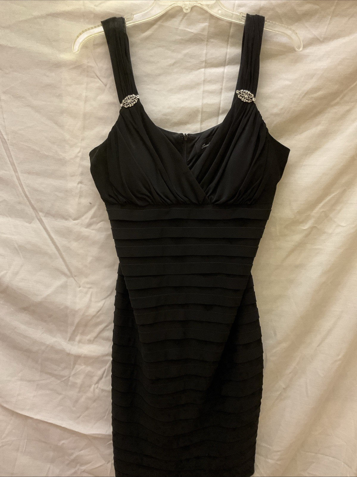Scarlett Nite Sheath Dress 14 Black Tiered Ruffle Rhinestone Accents Cocktail