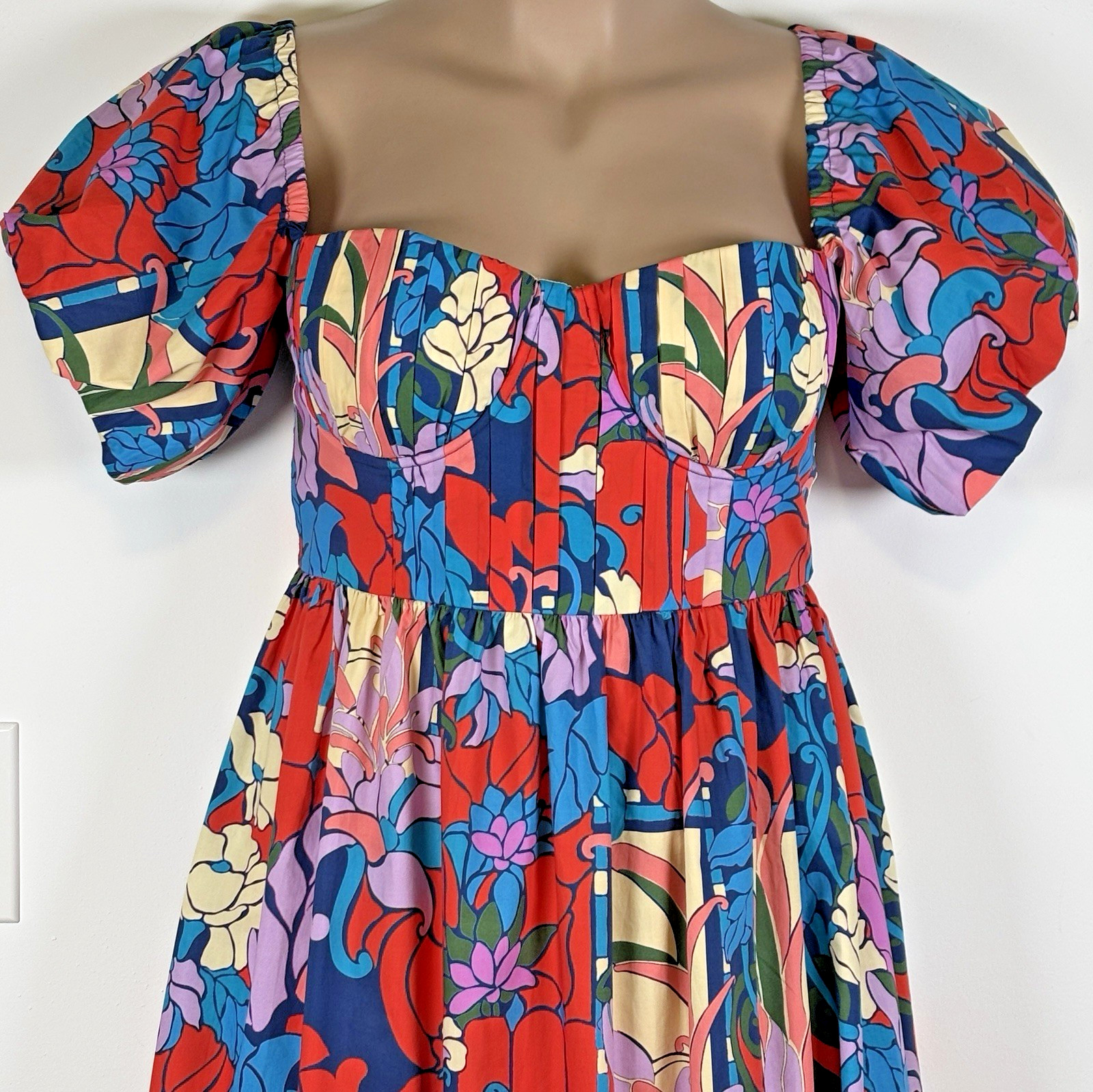 Tuckernuck Maxi Bustier Dress 12 Colorful Floral Underwire Puff Sleeves Cotton
