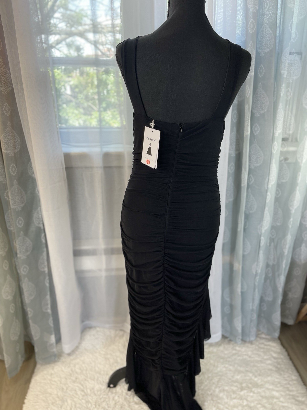 ZESICA Women’s Black Solid Ruched Sheer Mesh Ruffle Bodycon Midi Dress M