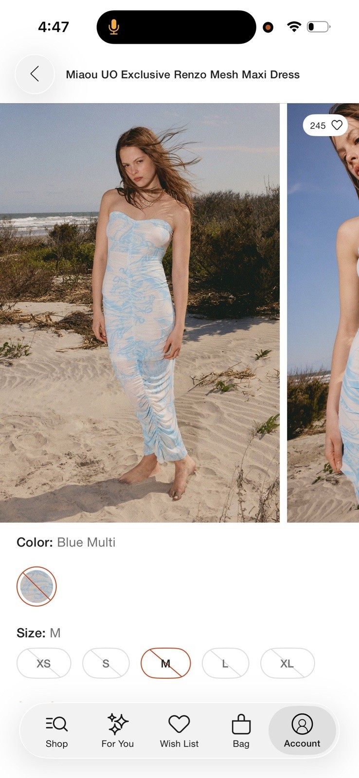 Miaou x Urban Outfitters Strapless Ruched Mesh Stretch Maxi Dress M Blue/White