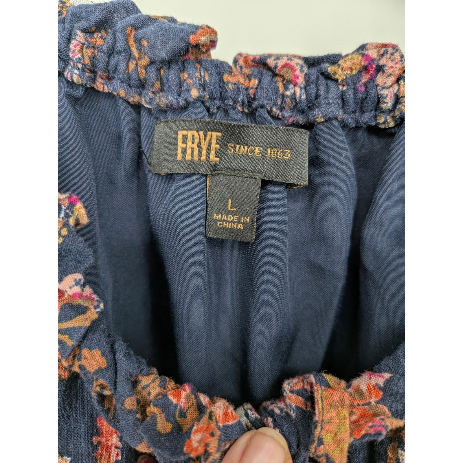 Frye Floral Midi Dress Womens Large Navy Blue Boho Tassel Tie Smocked Waist