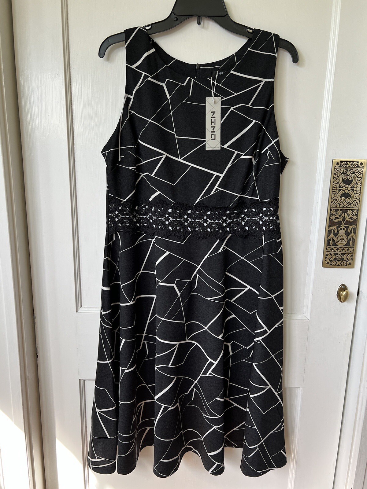NWT Owin Dress, Size XL, Black & White, Geometric Pattern, Crochet Embellished