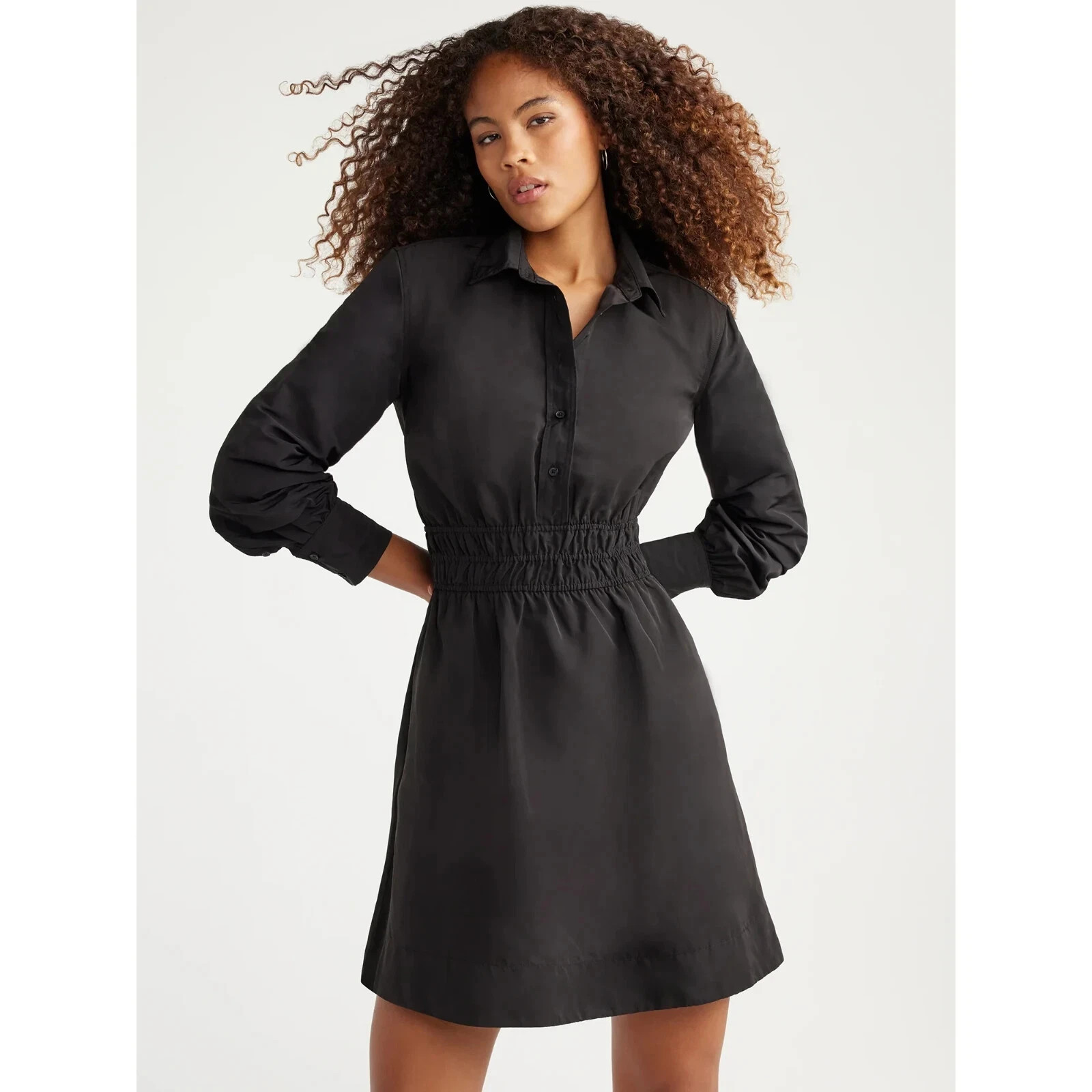 FREE ASSEMBLY – SIZE: S – Black Mini Shirt Dress With Smocked Waist & Pockets!