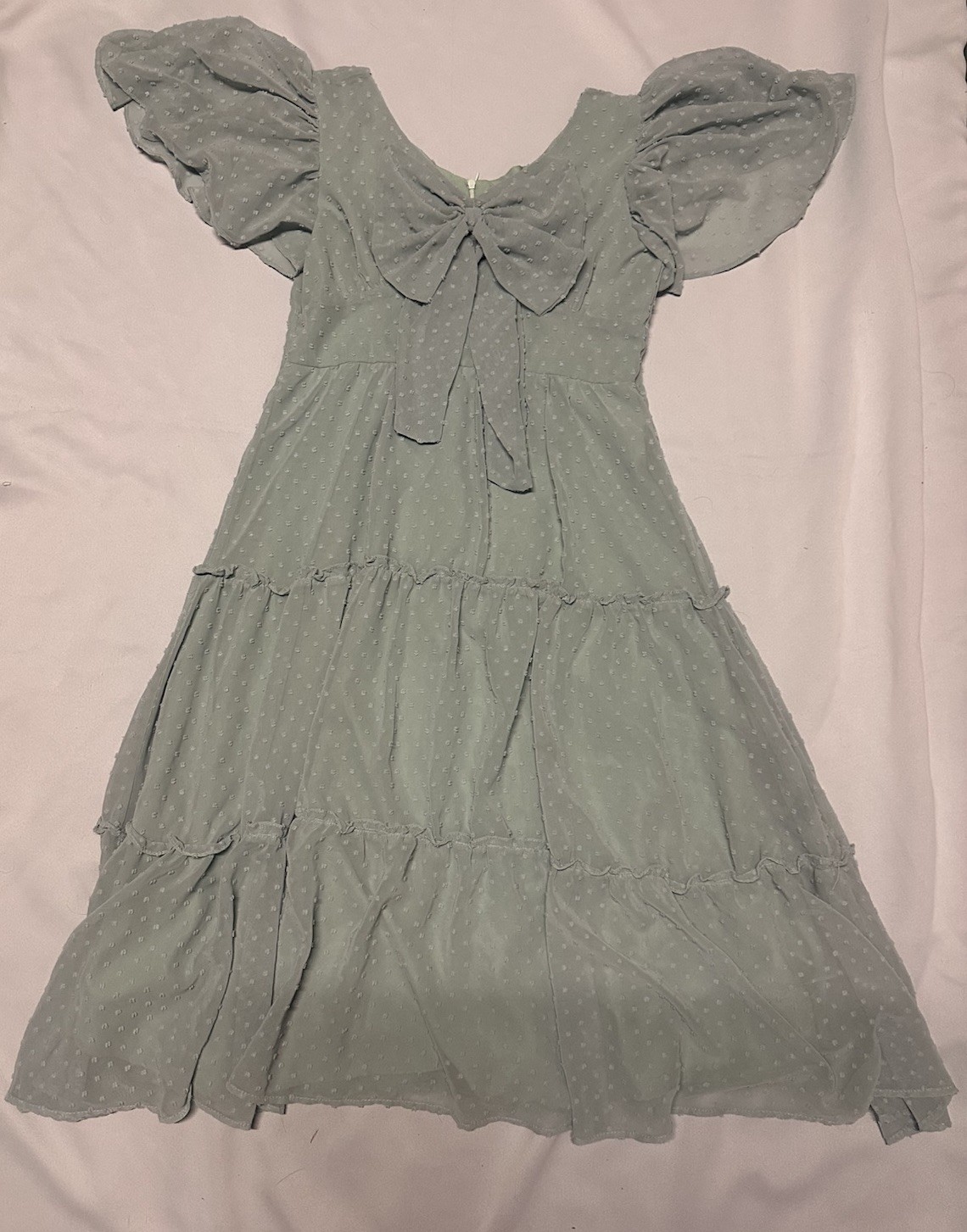 New Light Fashion Women’s Size L Sage Green Swiss Dot Tiered Maxi Dress Bow Tie