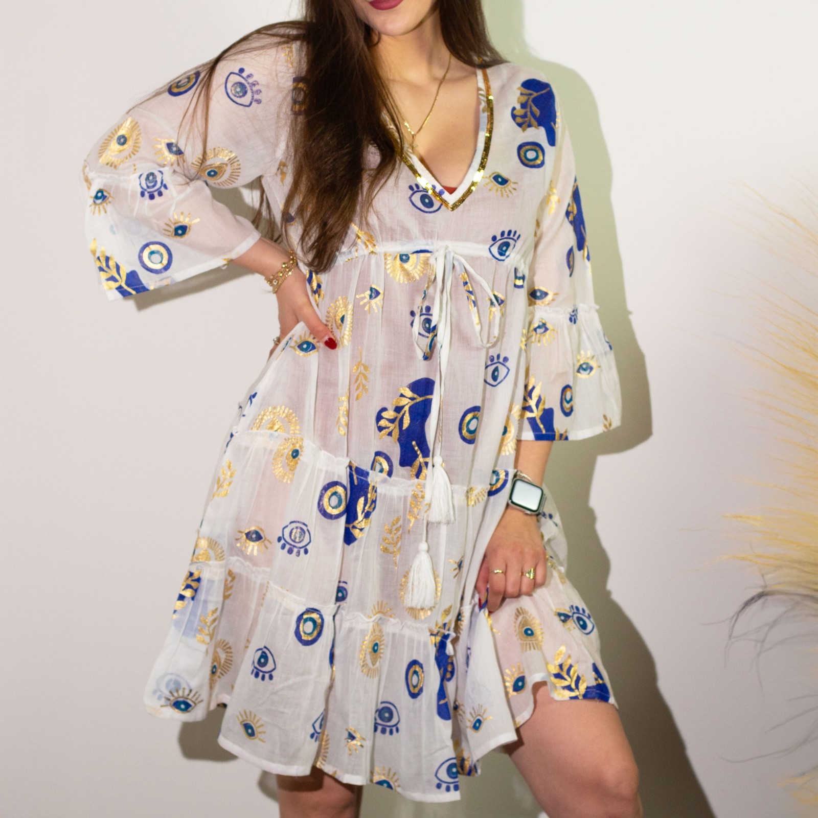 White Blue Gold Greek Summer Dress Beach Coverup Festival Party Nomad Hippy M-XL