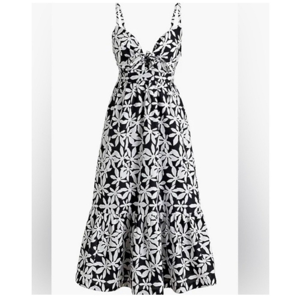 J.Crew Midi Dress Black White Floral Tie Front Smocked Sundress NWT – 10
