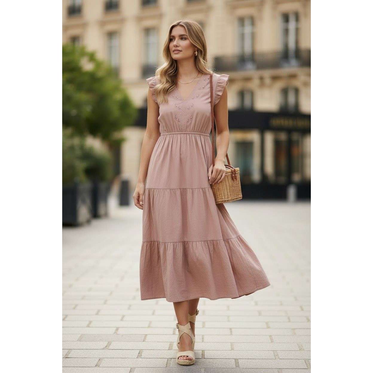 NWT Paris Romantic 100% Cotton Cottagecore Tiered Midi Dress L Coastal Boho