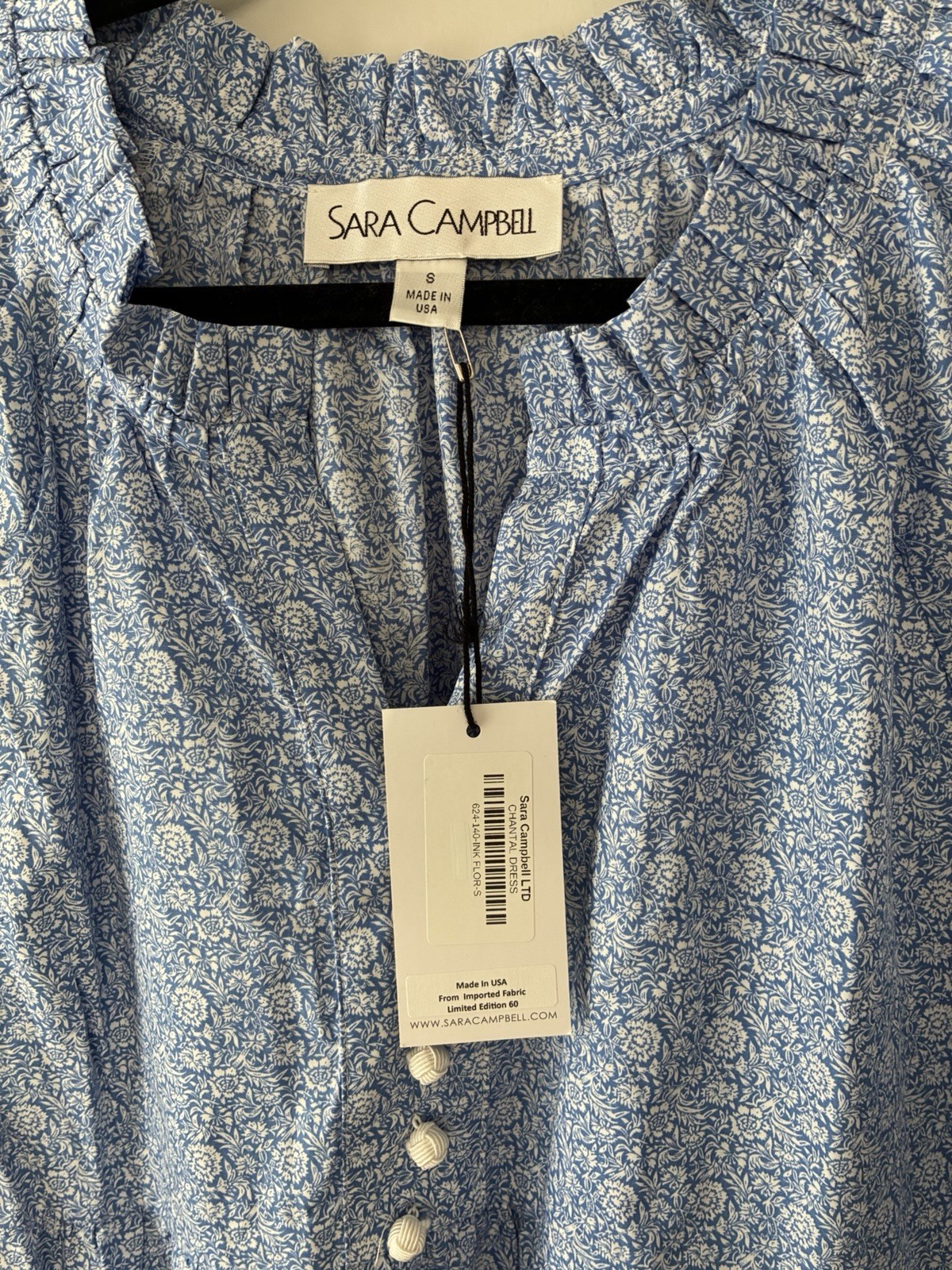 Sara Campbell Chantel Organic Cotton Dress French Blue Floral Size S NWT