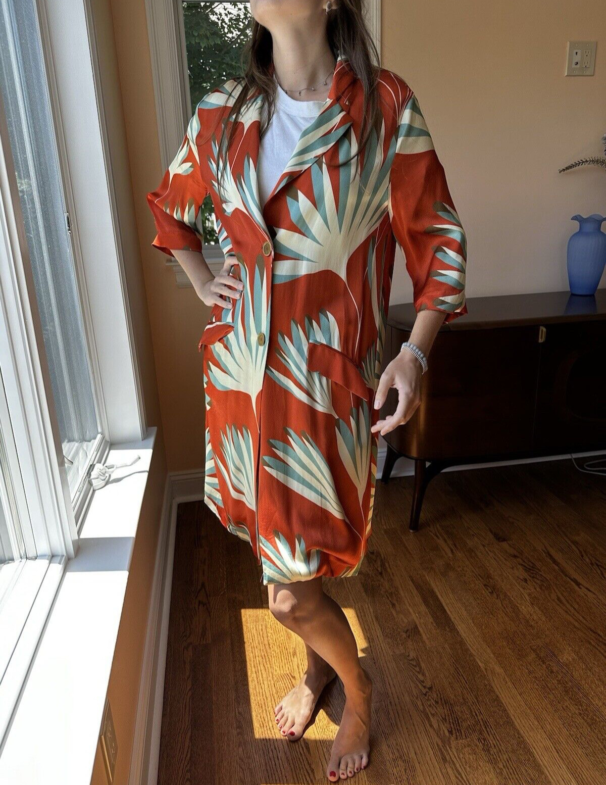 SIYU DESIGNER MADE IN SPAIN VINTG SHIRT DRESS DUSTER ORANGE FLORAL MODERN STYLE