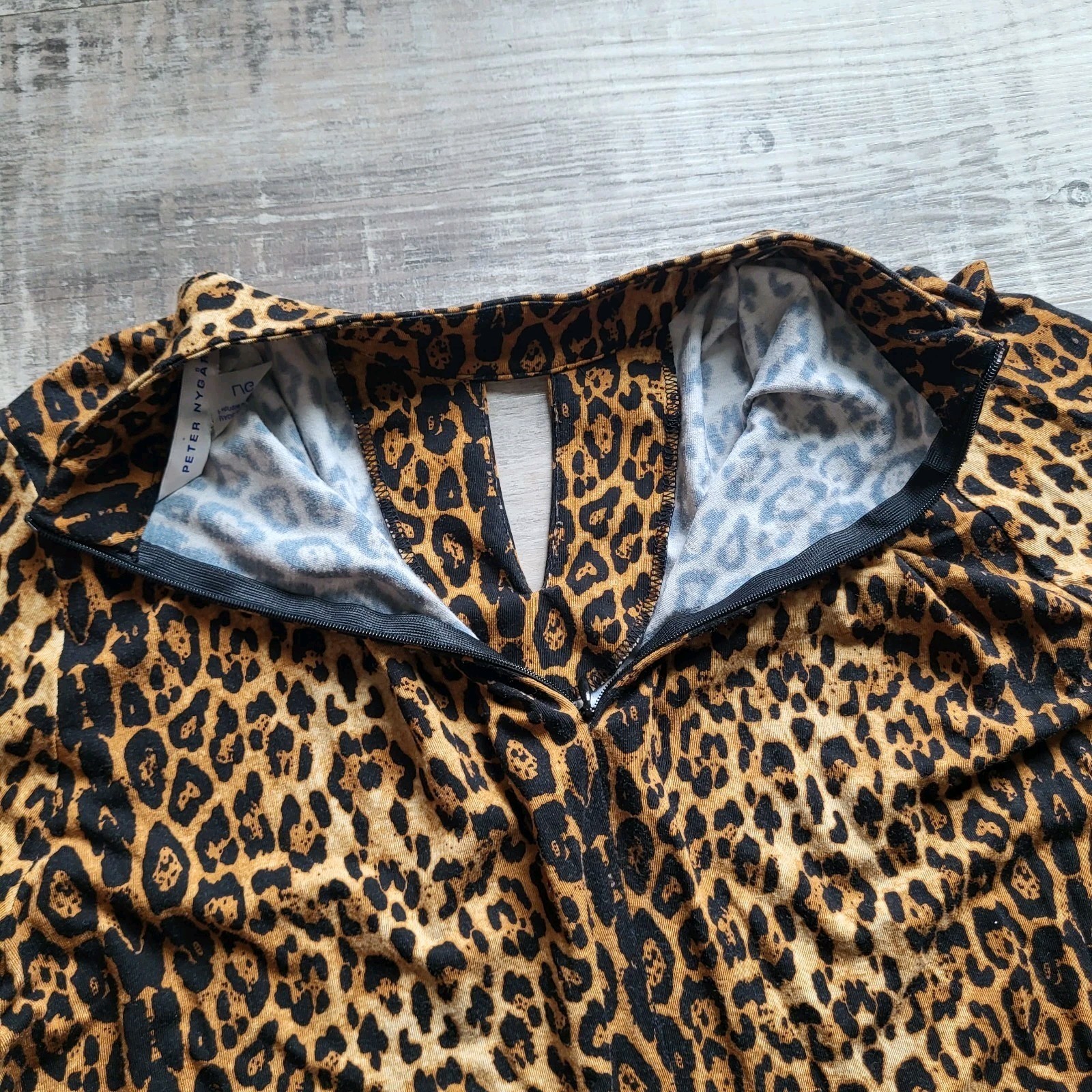 Peter Nygard Leopard Print Shift Dress Large Bell Sleeve Mock Neck Animal Print