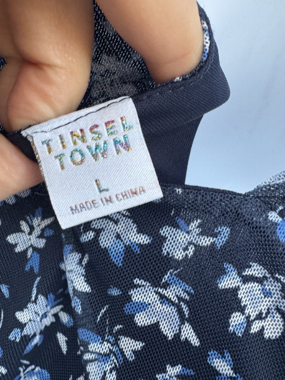 NWT Tinsel Town Blue Floral Coquette Midi Dress L Cottagecore Asymmetrical