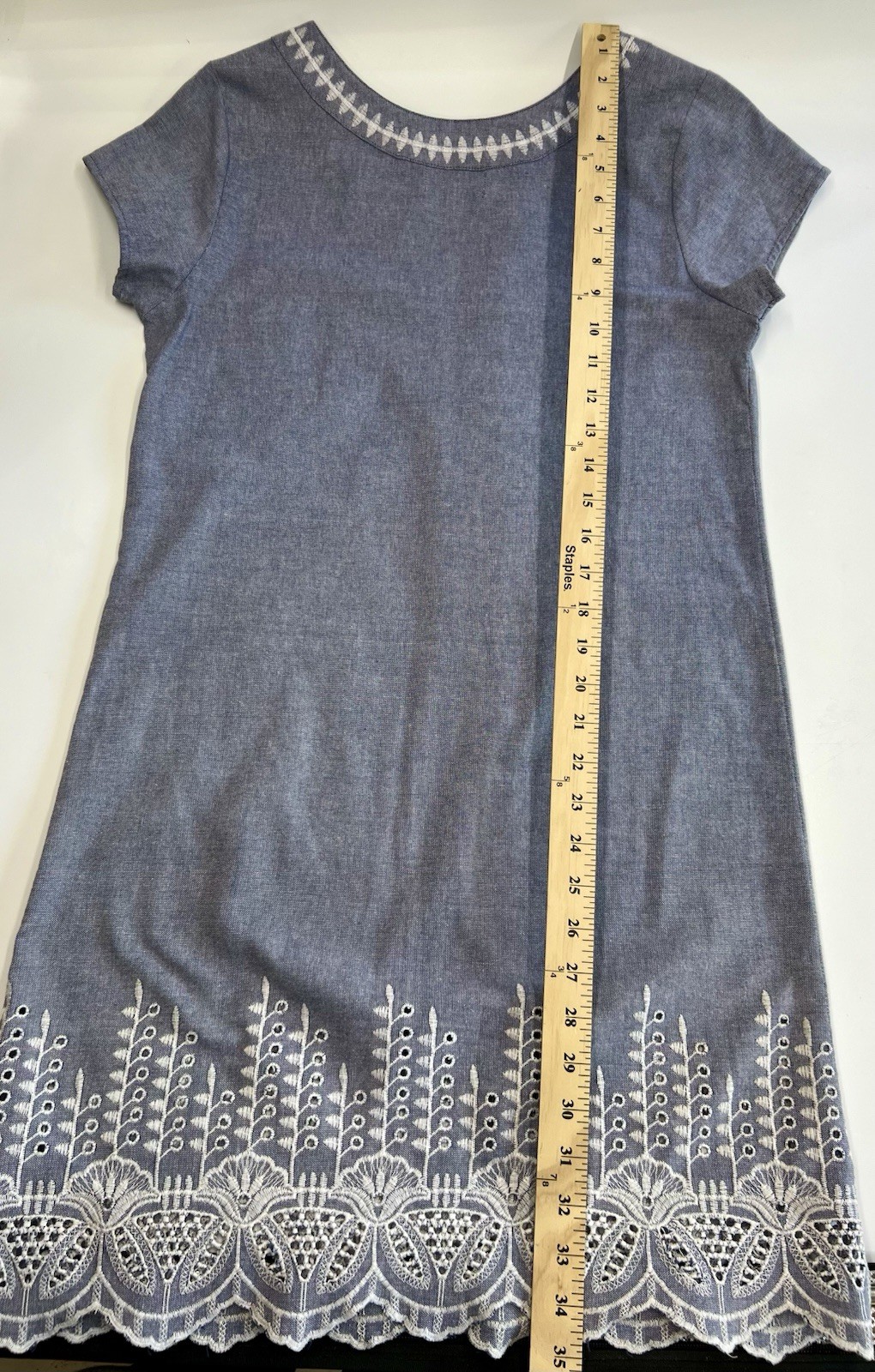 MUD PIE Chambray Cotton Short Sleeve Embroidered Eyelet Shift Summer Dress S