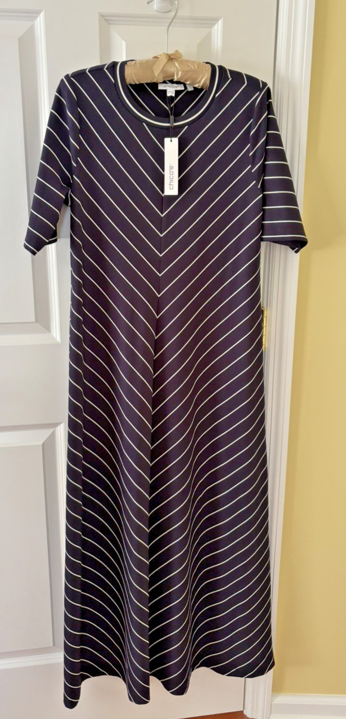 NWT Chicos Womens Ponte Navy & White Striped Maxi Dress US small Travel Slip on