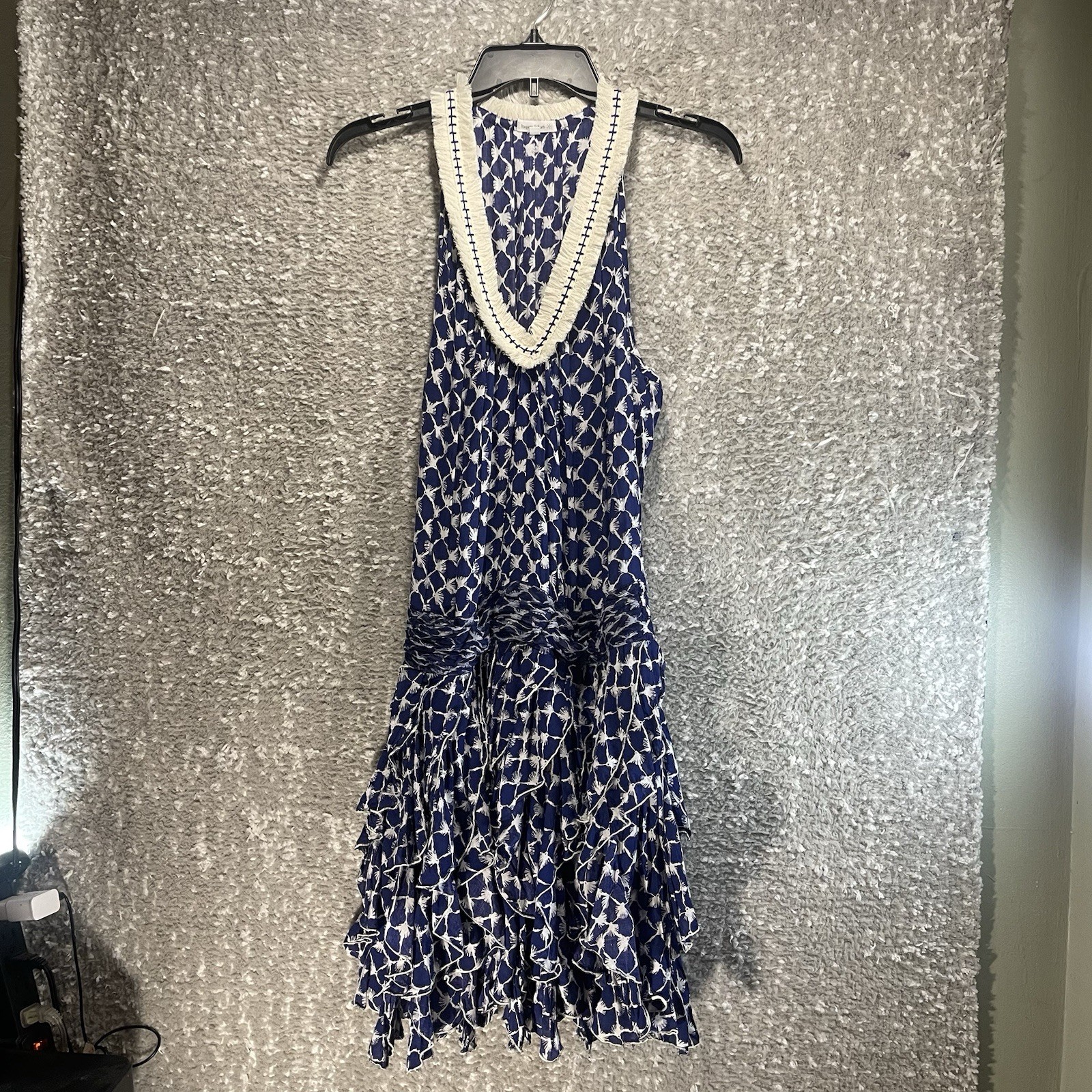 Poupette St Barth Beline Ruffle Mini Dress V Neck Sleeveless Blue M Beach Vacay