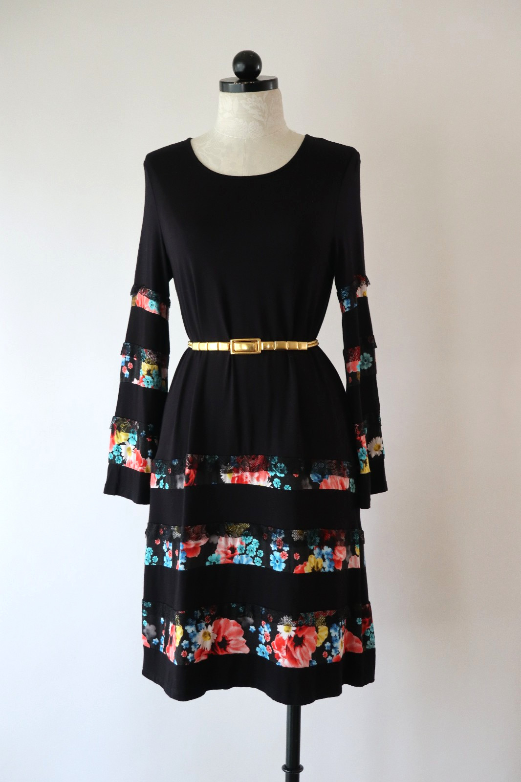 Desigual Black Jersey Colorful Floral Stripes Lace Ruffles Tshirt Dress Women L