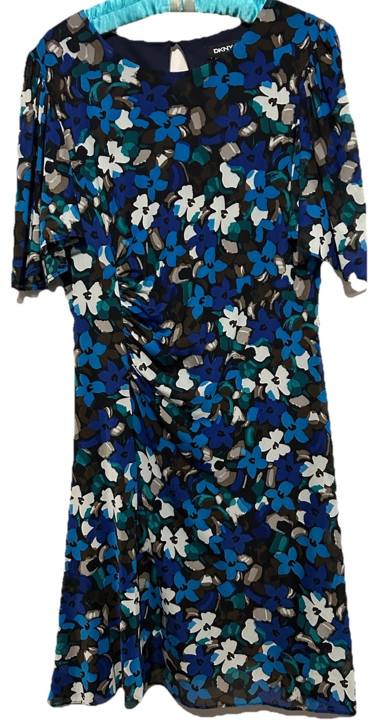 DKNY Dress 14 Floral Print Ruched Bodice Flutter Sleeve Stretch Mesh Overlay