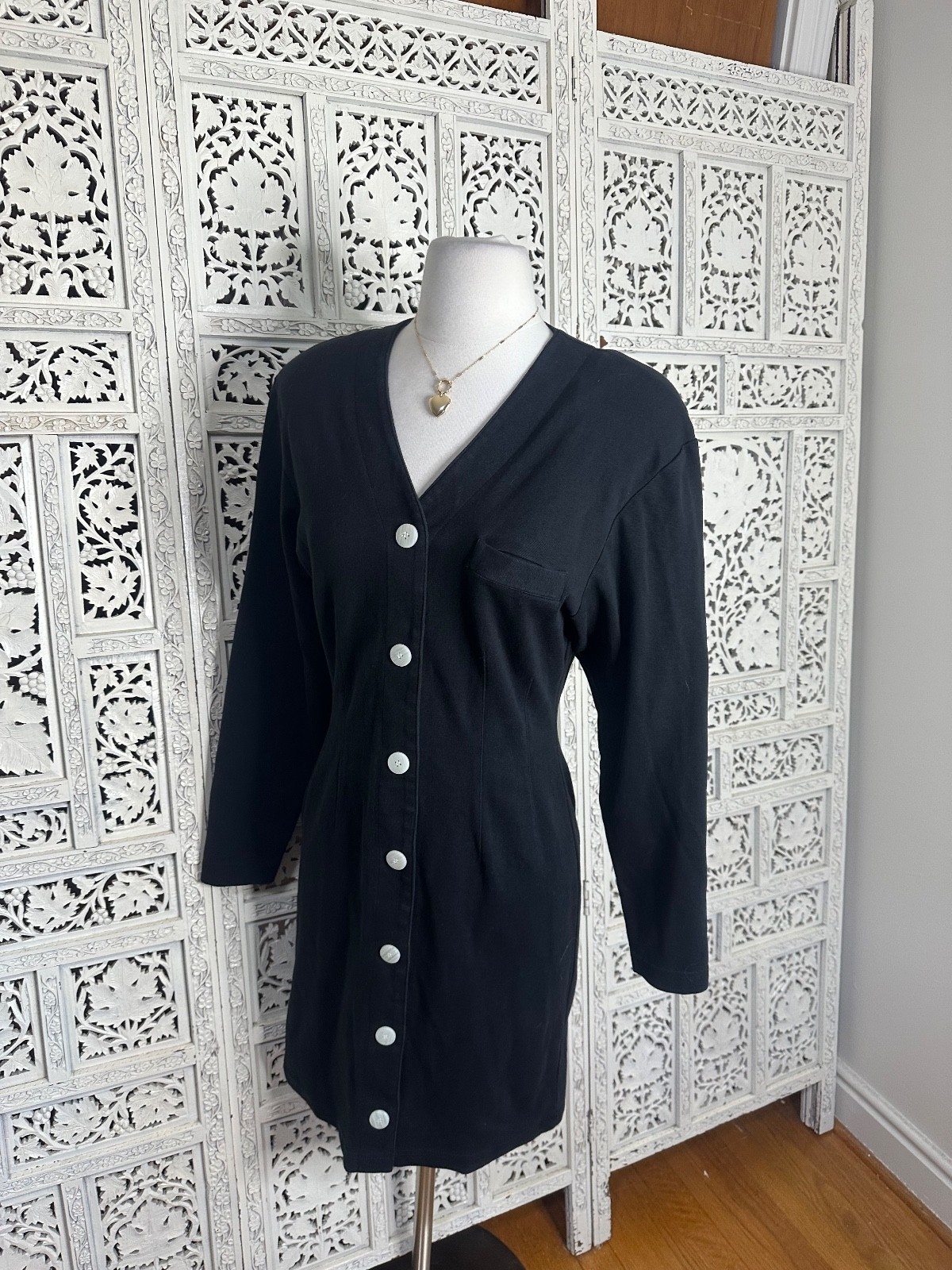 Vintage Brass Plum Nordstrom Black Strong Shoulder Long Sleeve Button Up Dress