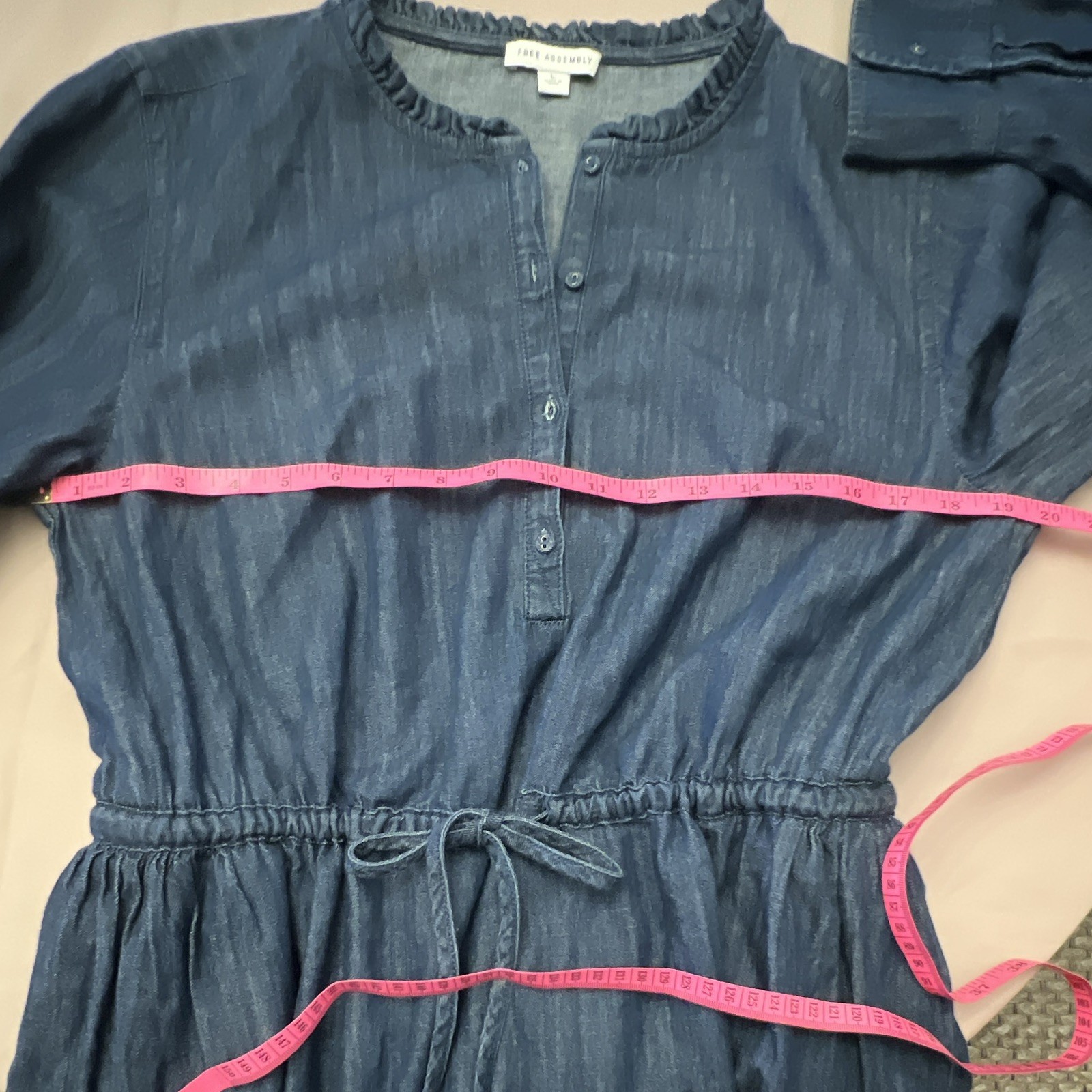 Free Assembly Blue Solid Denim V-Neck Pockets, Long Sleeve Fit & Flare Knee, LRG
