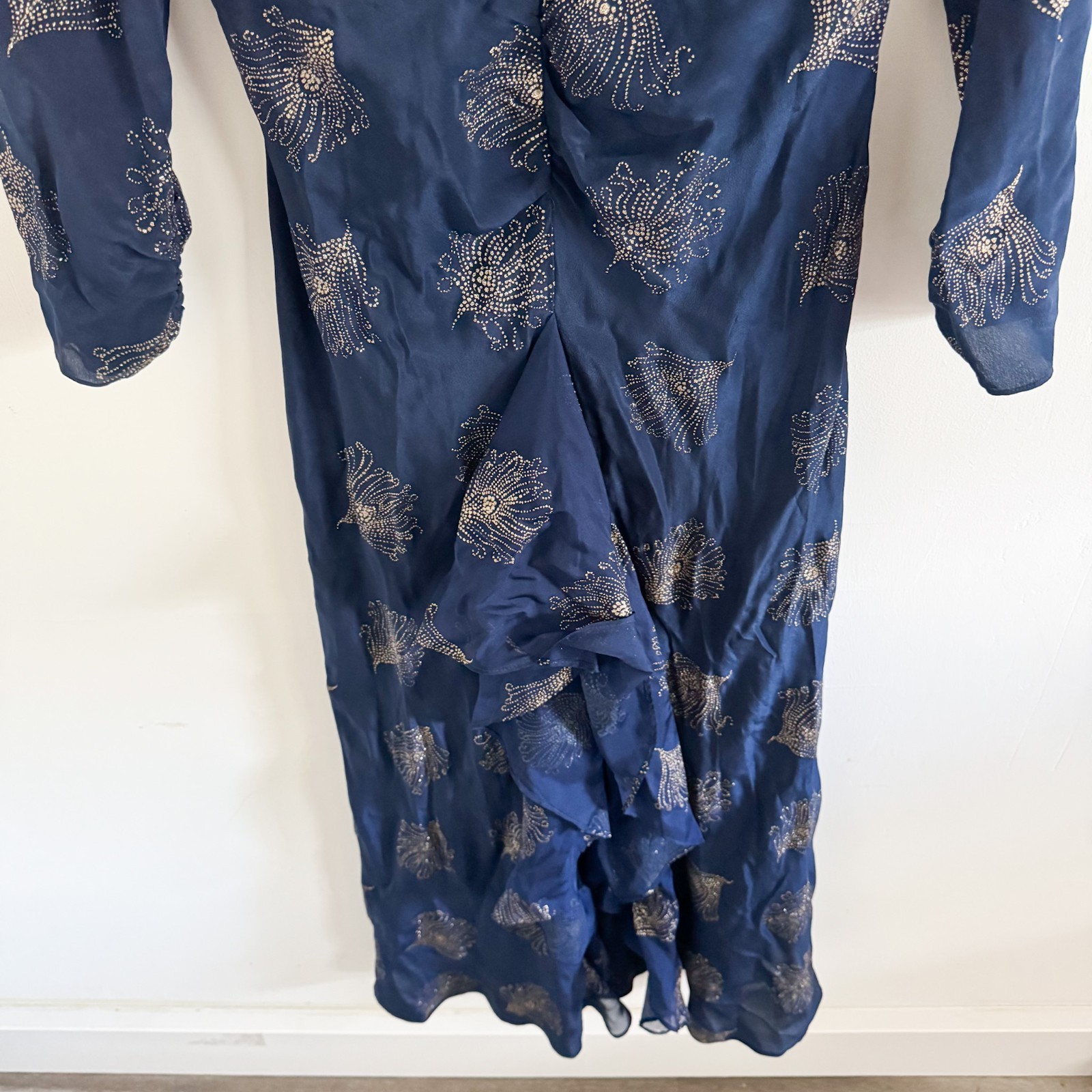 NWT Rixo Navy Rose Cut Out Ruffle Glittered Silk Crepe Midi Dress 4