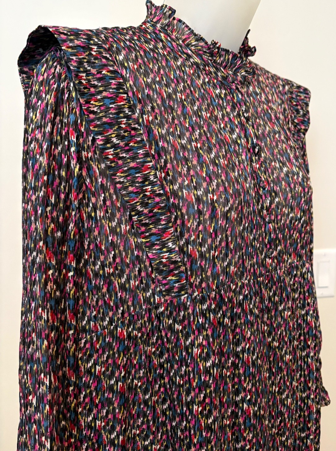 Ba&sh mini dress ikat print ruffles silk blend long sleeve size 3 US 10 Paris