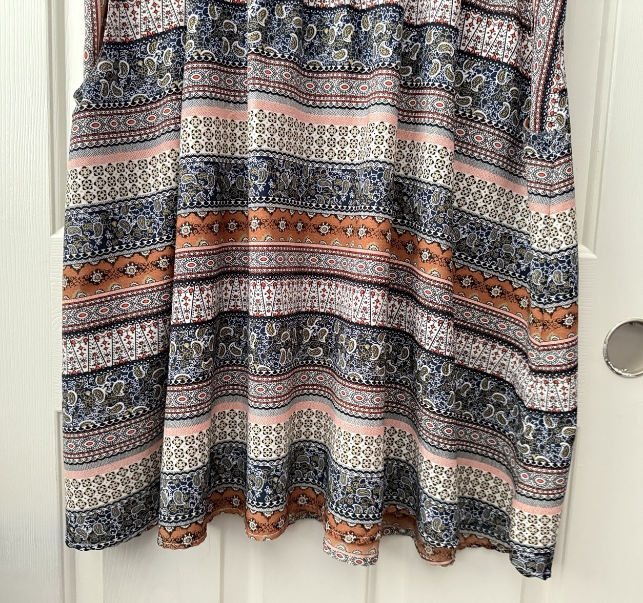 speed control 3X boho paisley stripe multi short sleeve cinch waist button dress