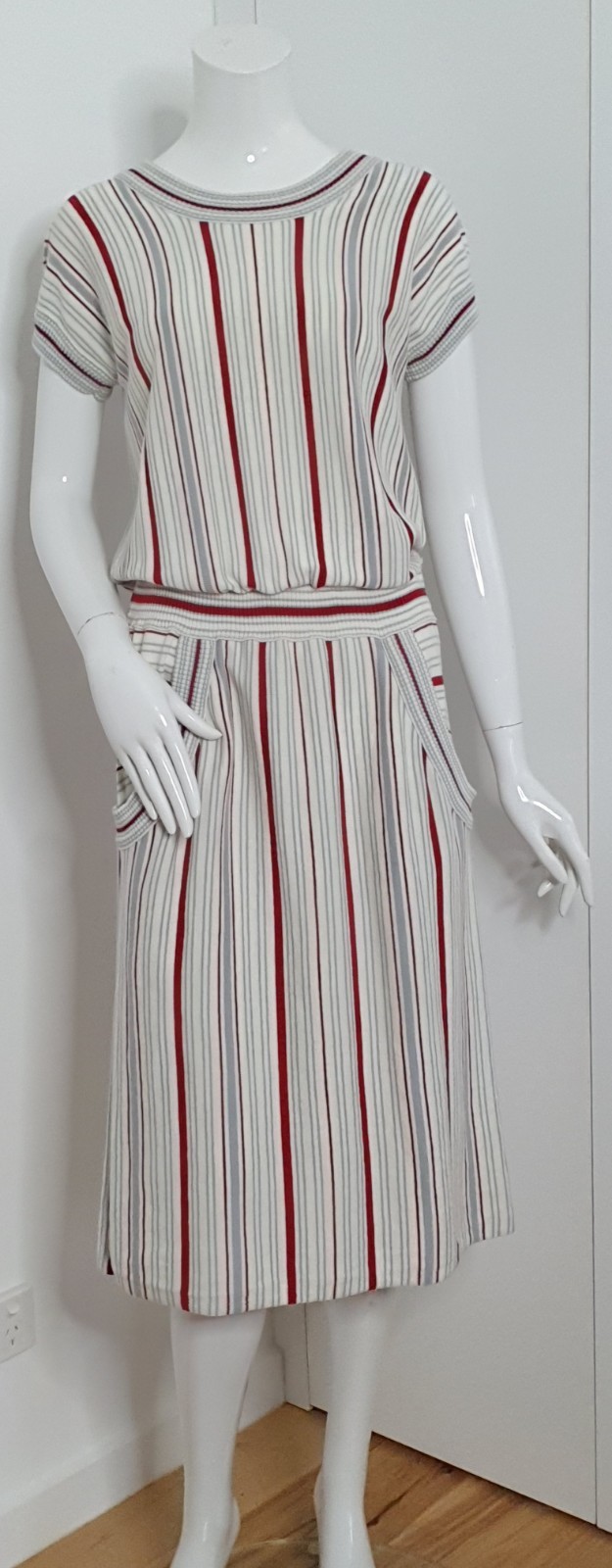 Ryder The Label Sz M 10-12 Cotton Knit Stripe Midi Dress S/Sleeve Dropped Waist
