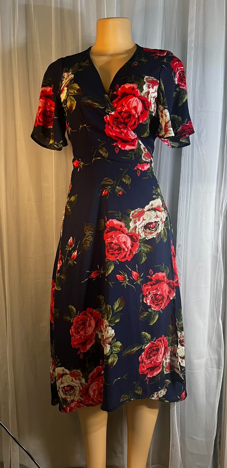 🌸Forever 21 🌸Women’s Medium Floral Wrap Dress Navy Pink Short Sleeve Tie Waist