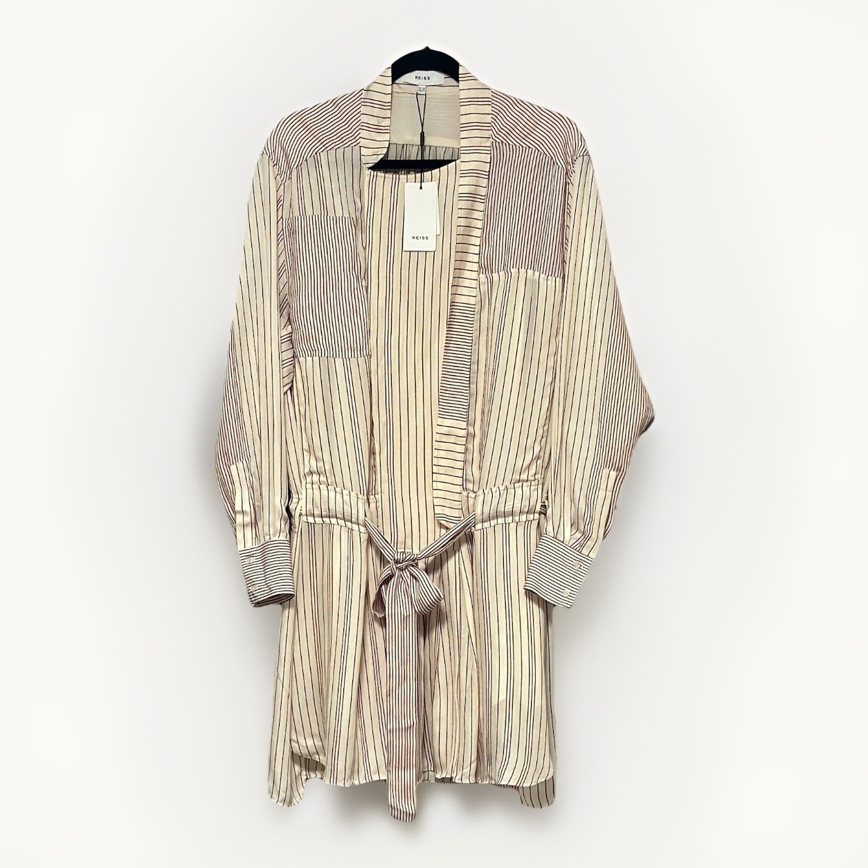REISS Alba Striped Belted Shirt Dress Sheer Tunic w Slip Cream Red Drapey US 10