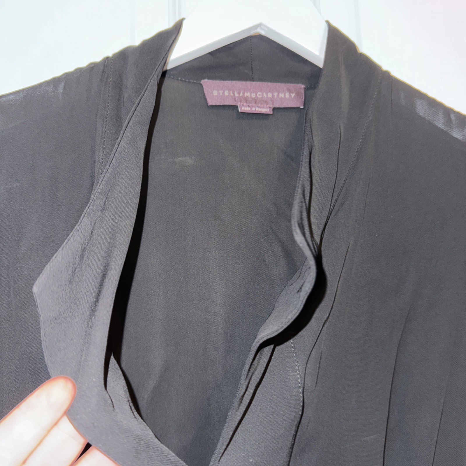 Stella McCartney Black Mini Dress Pleat Front V Neck Size 38 Short Sleeve