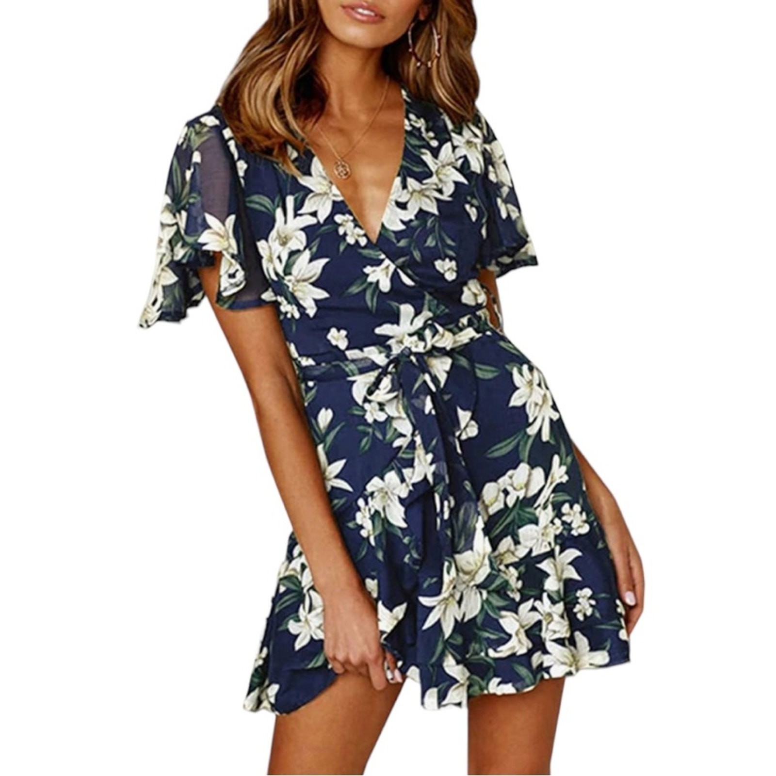 Floral Short Sleeve Wrap V-neck Ruffle Mini Dress with Belt XL