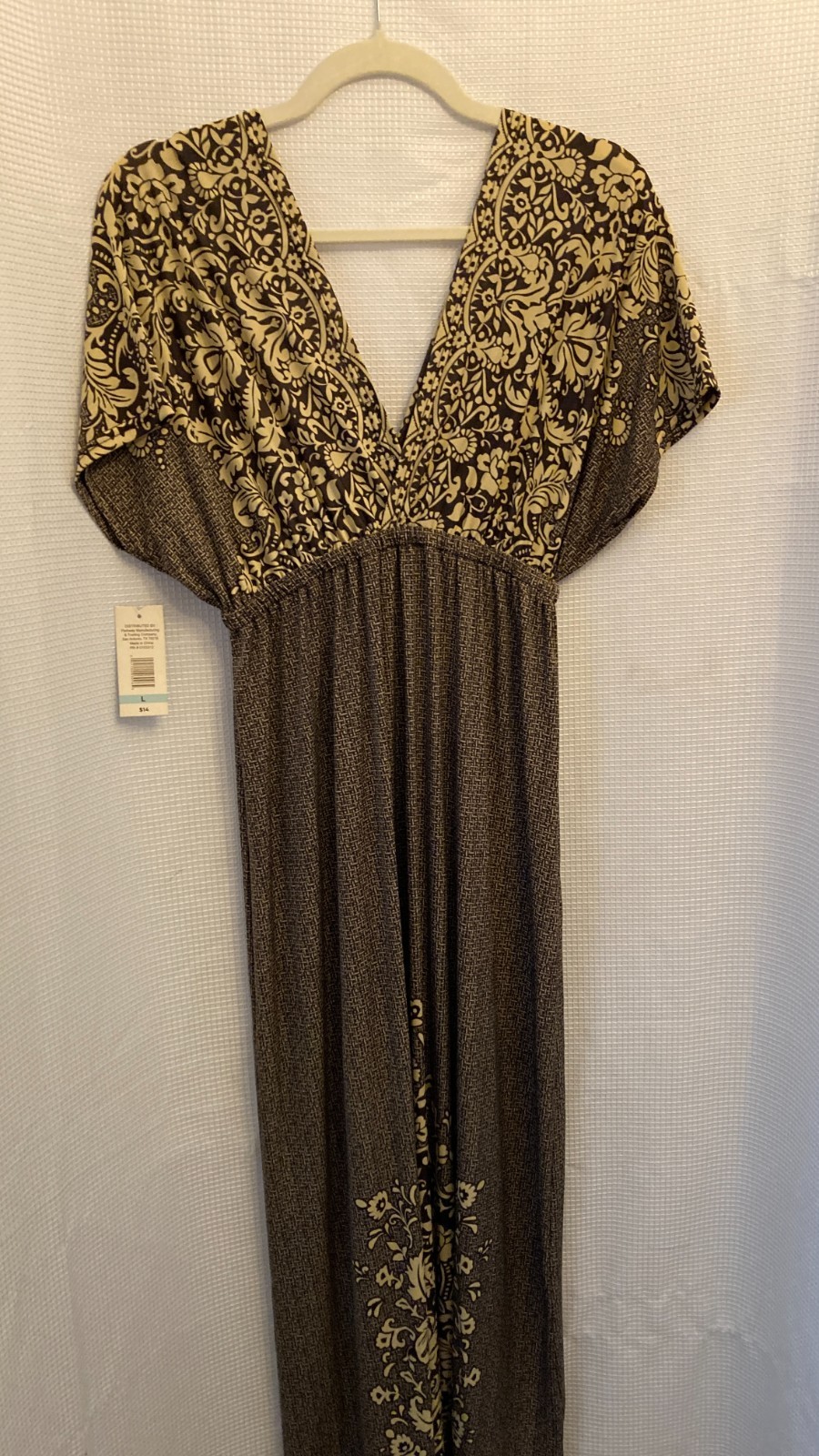 South Main Women Size Large Brown Boho Damask Empire Waist V-Neck Maxi Dress NWT