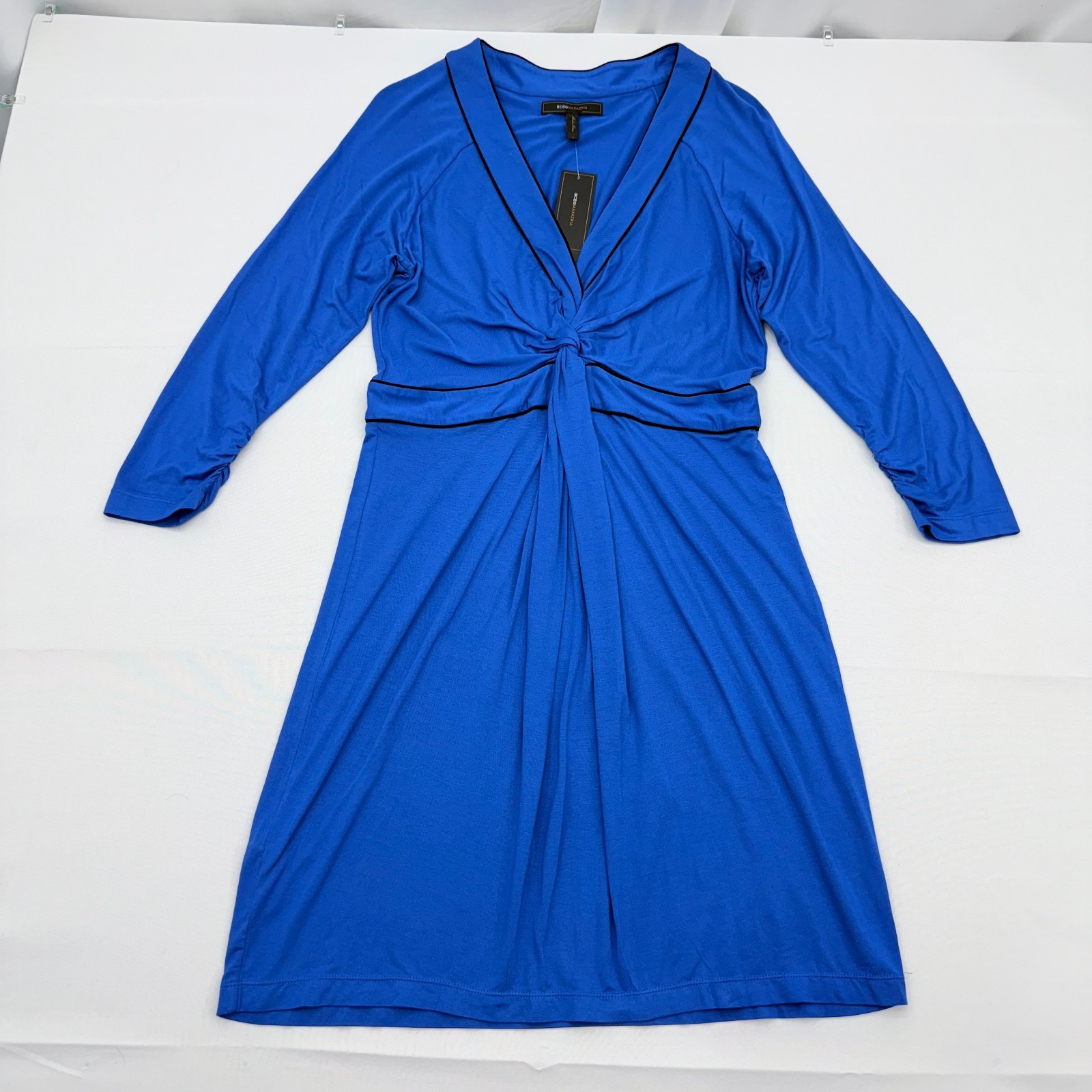 NWT BCBG Maxazria Ruched Low Cut V-Neck Dress Womens Large Blue Long Sleeve