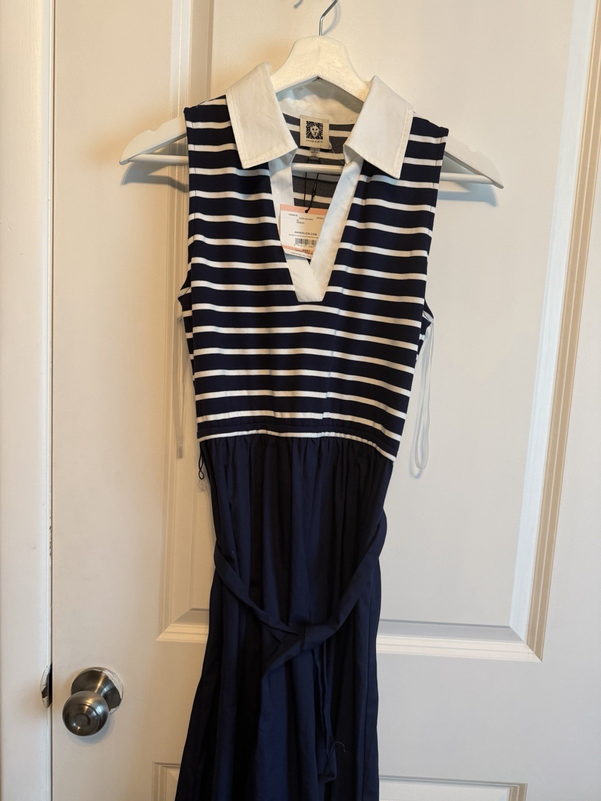 CAbi Navy/White Striped Sleeveless Collared Shirt Dress Tie Belt Midi M