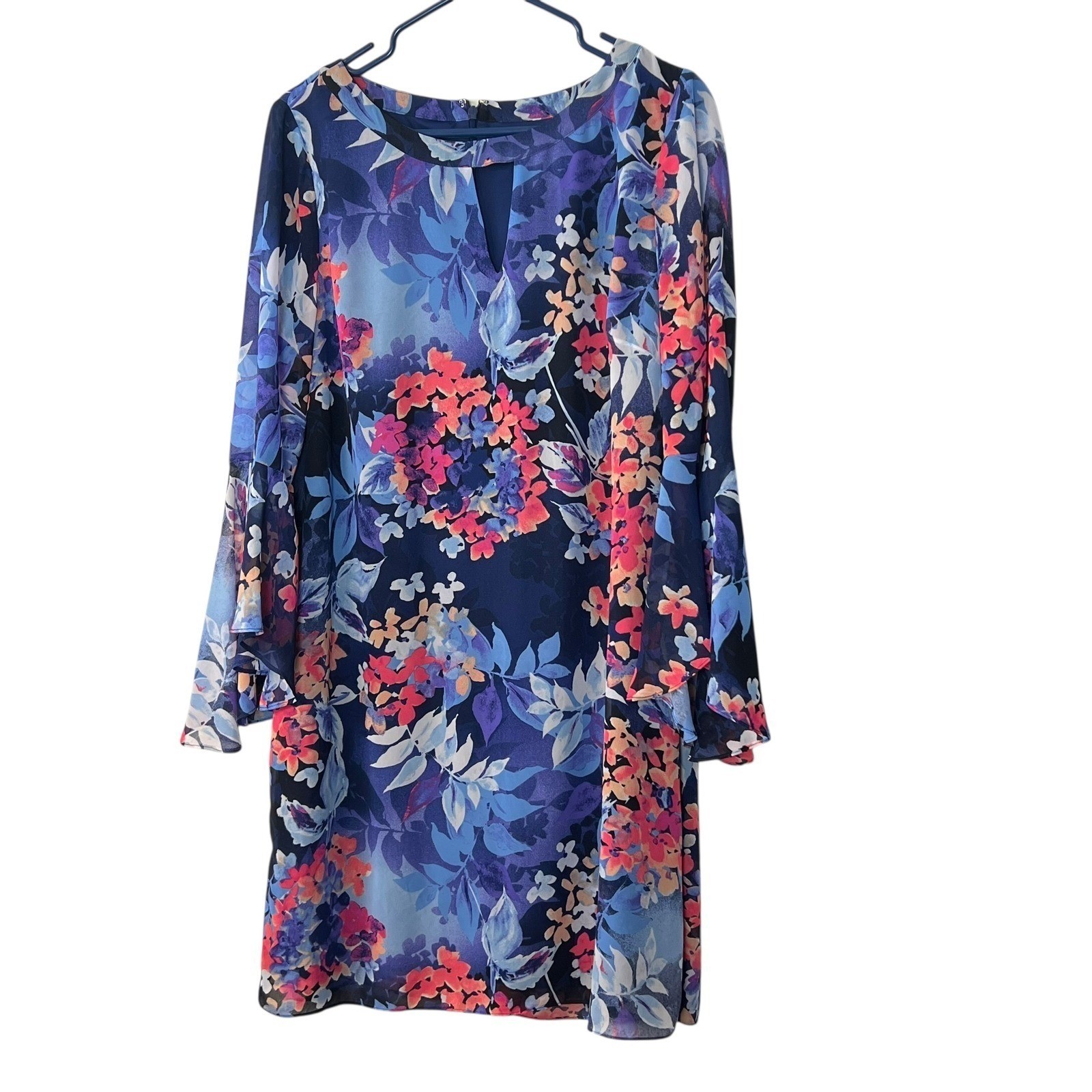 Roz & Ali Women’s Floral Print Dress Size 14 Long Sleeve Sheer Overlay Navy Blue