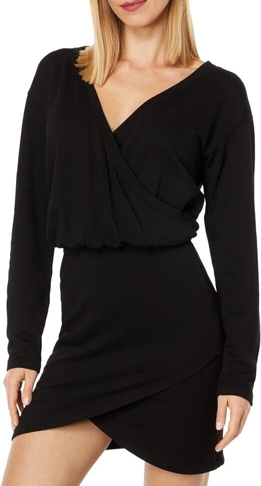 Monrow Women’s Sz Small Black Supersoft Fleece Cross Over V Mini Dress $178
