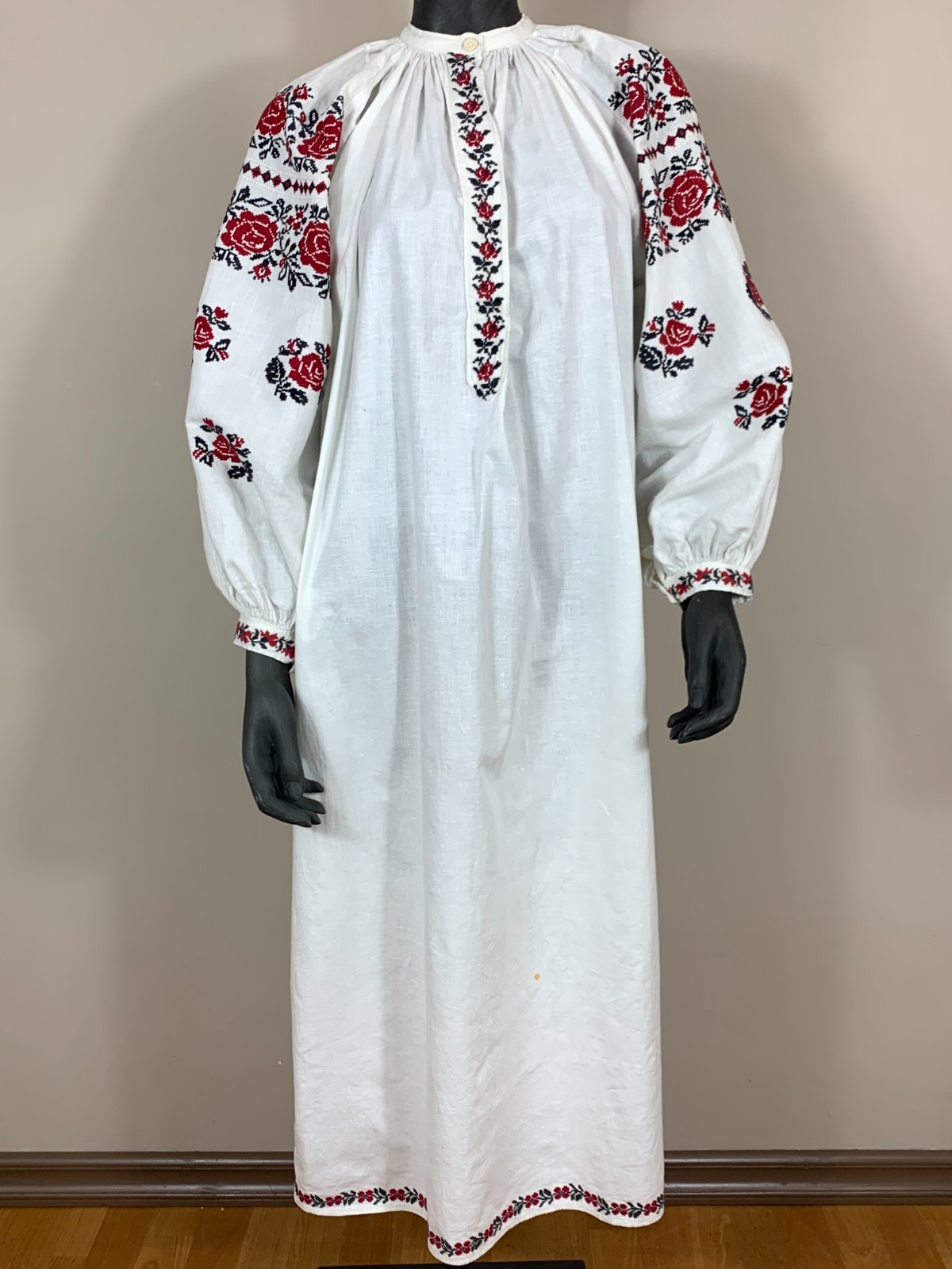 Vintage Ukrainian Embroidered Linen Vyshyvanka Dress Handmade Folk Shirt
