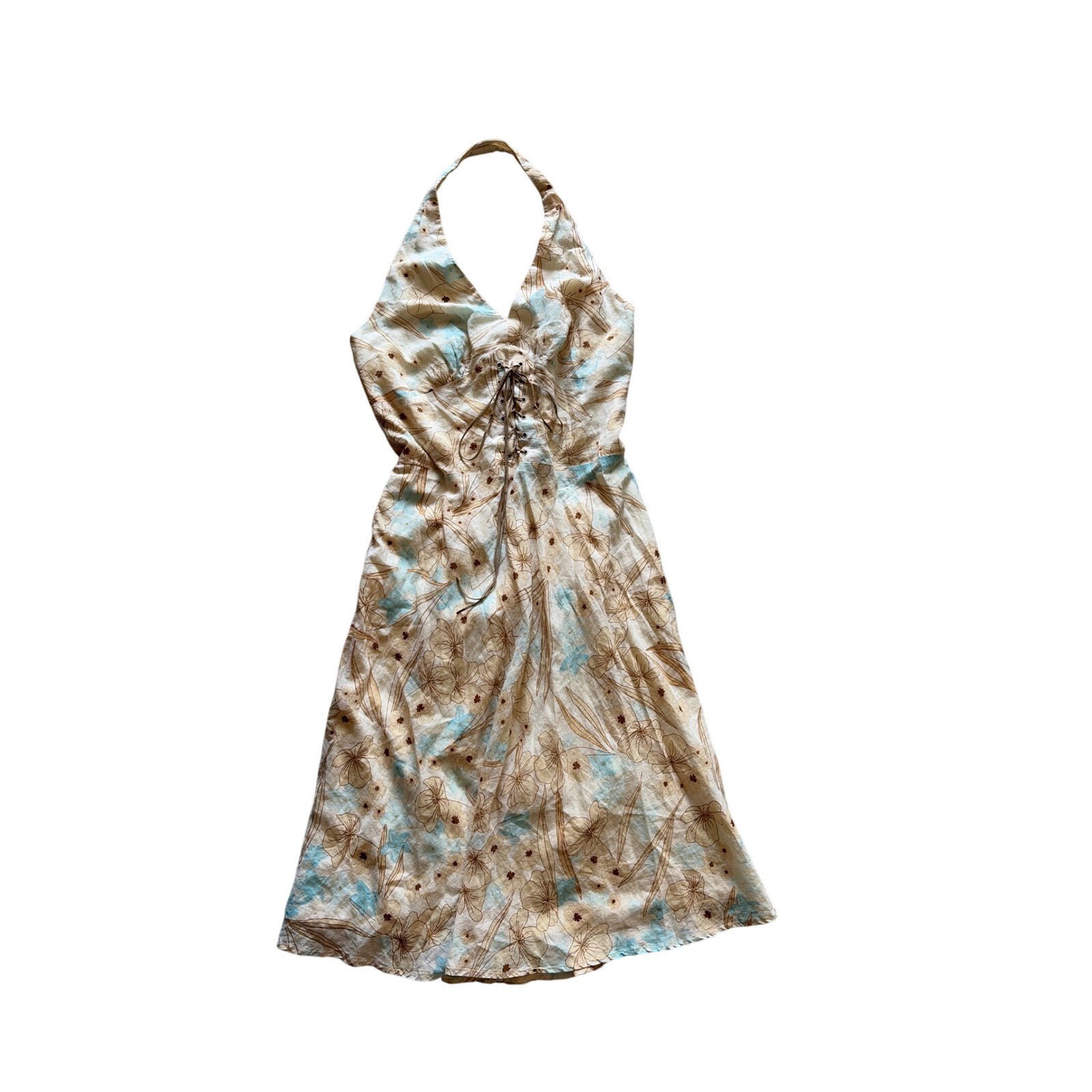 Halter Dress Boho Y2K Laundry by Shelli Segal Women 2 Beige Floral Lace Up