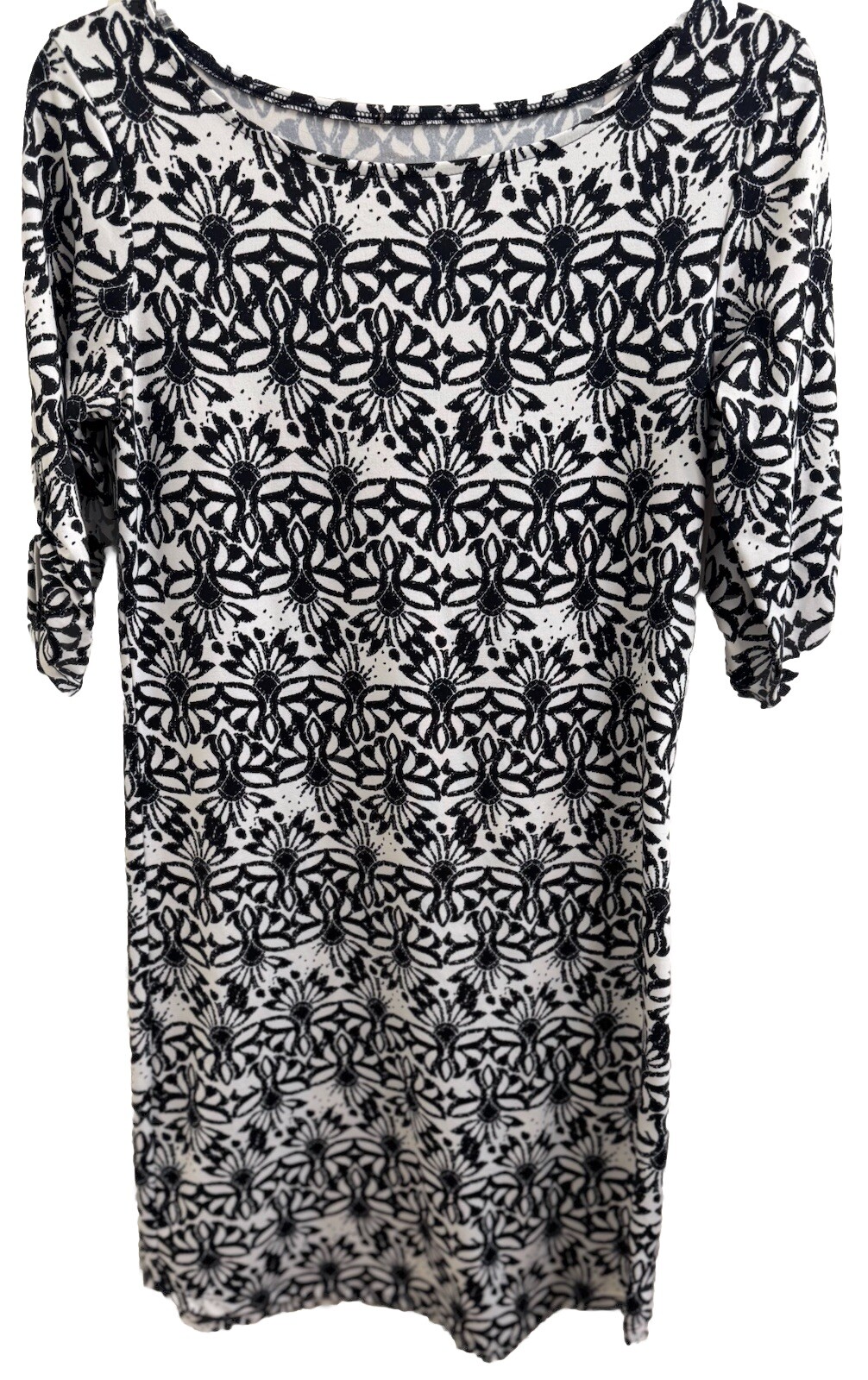 LOLA Black&White Lotus AOP Casual T-Shirt Dress Tab Sleeves Boat Neck (S) NWOT