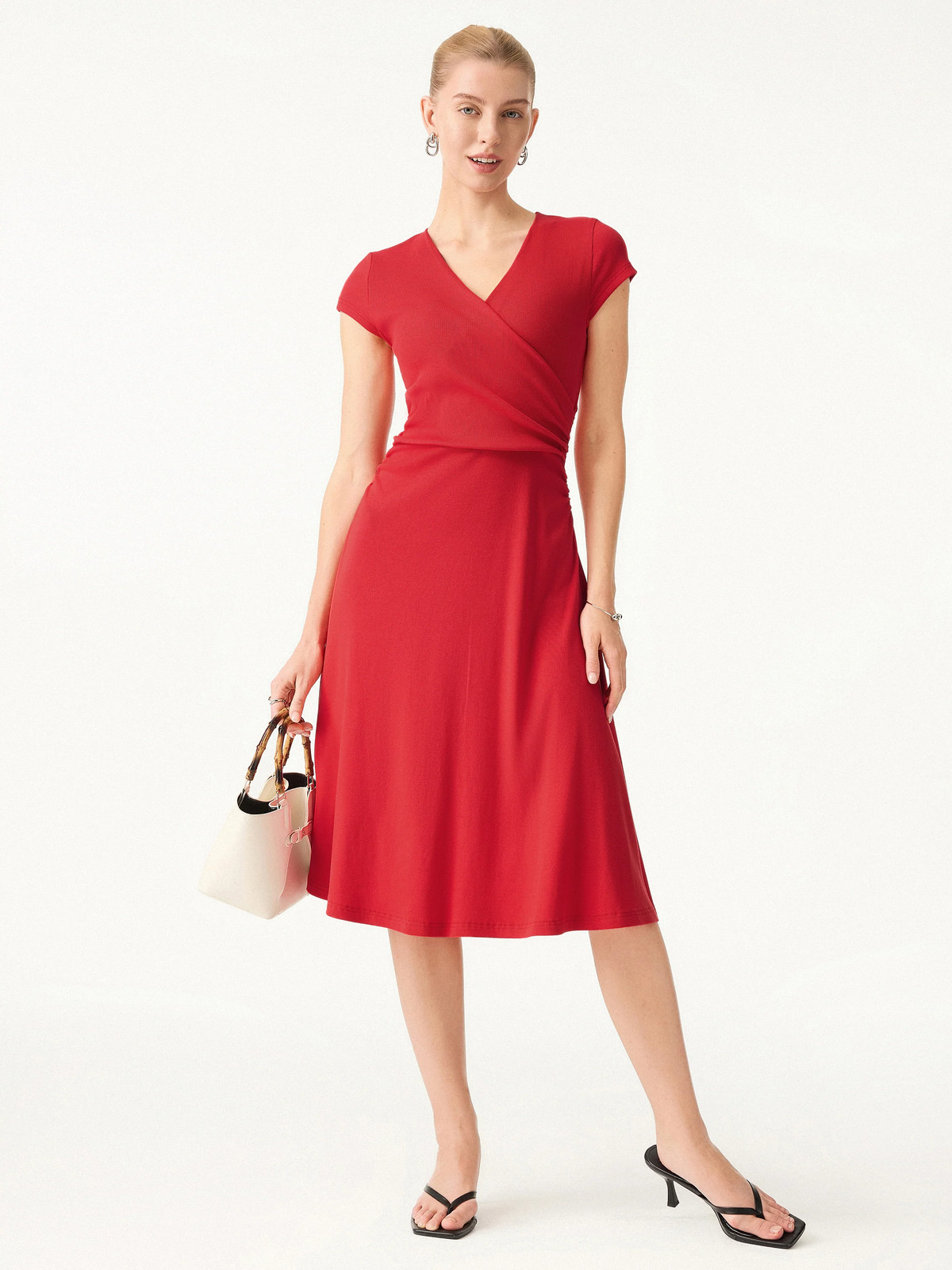 Stretch Cotton Surplice V-neck Cap Sleeve Midi Dress-OGLmove|118829