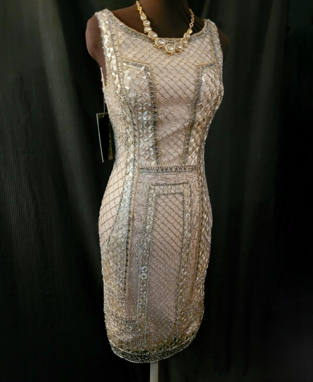 Sz 4 Terani Couture Nude and Gold Beaded Midi Dress