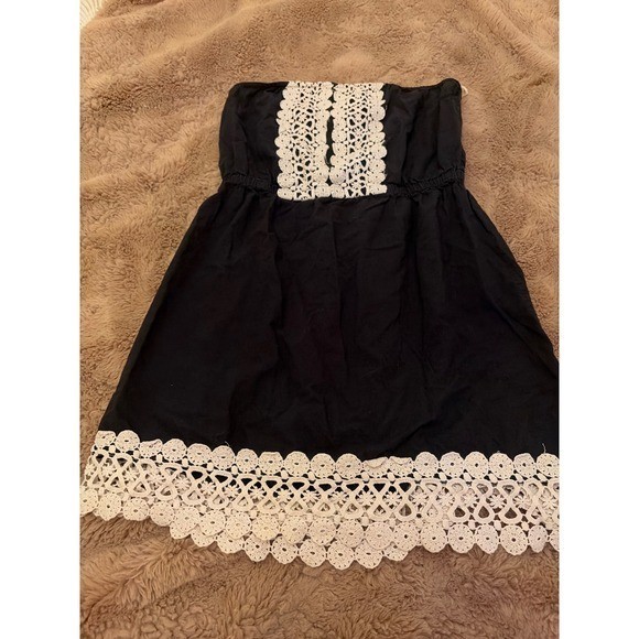 Mud Pie Black Strapless Crochet Lace Trim Mini Dress Womens Large Boho Beach