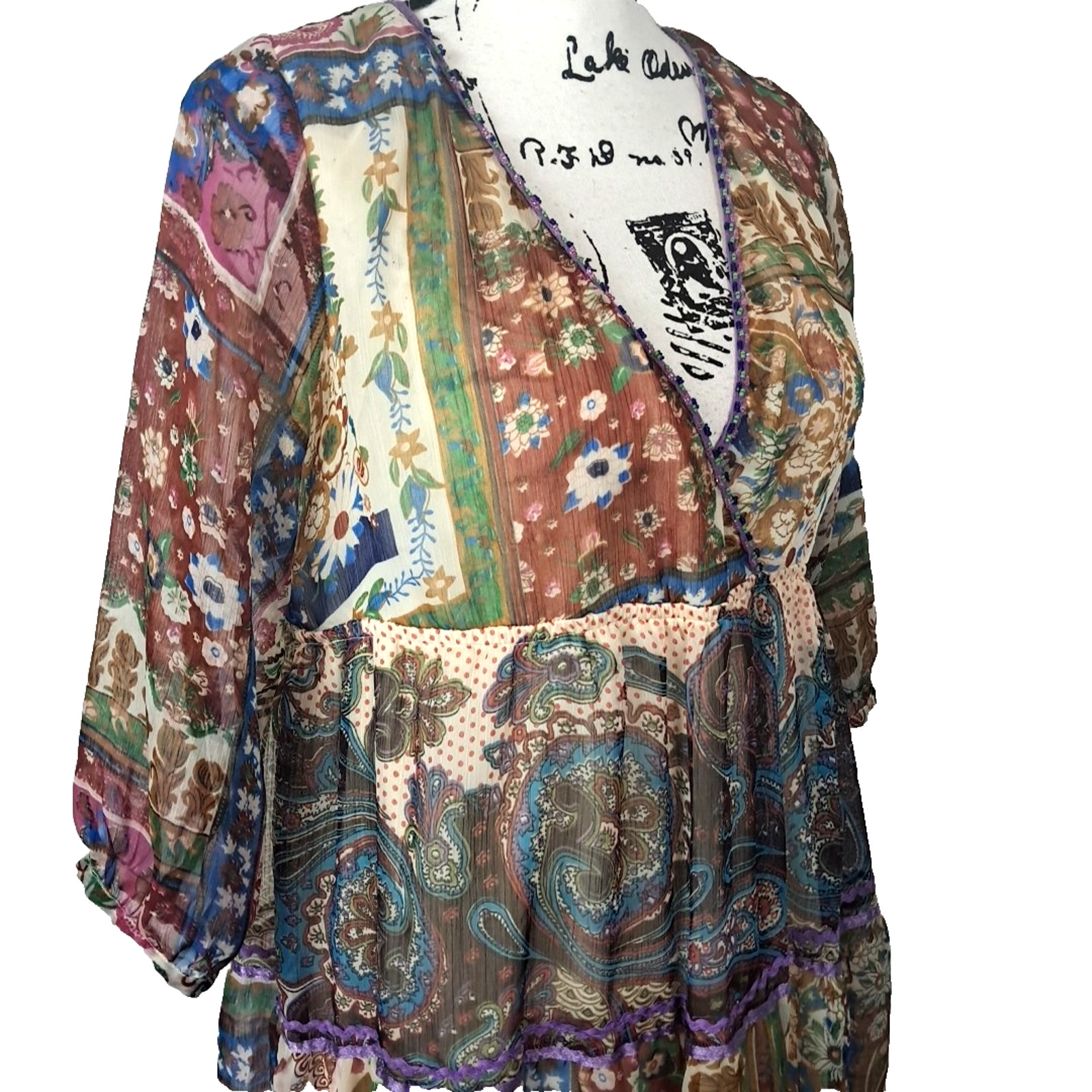 Babydoll Floral Sheer Patchwork Beaded Tiered Mini Dress Size M Purple Boho