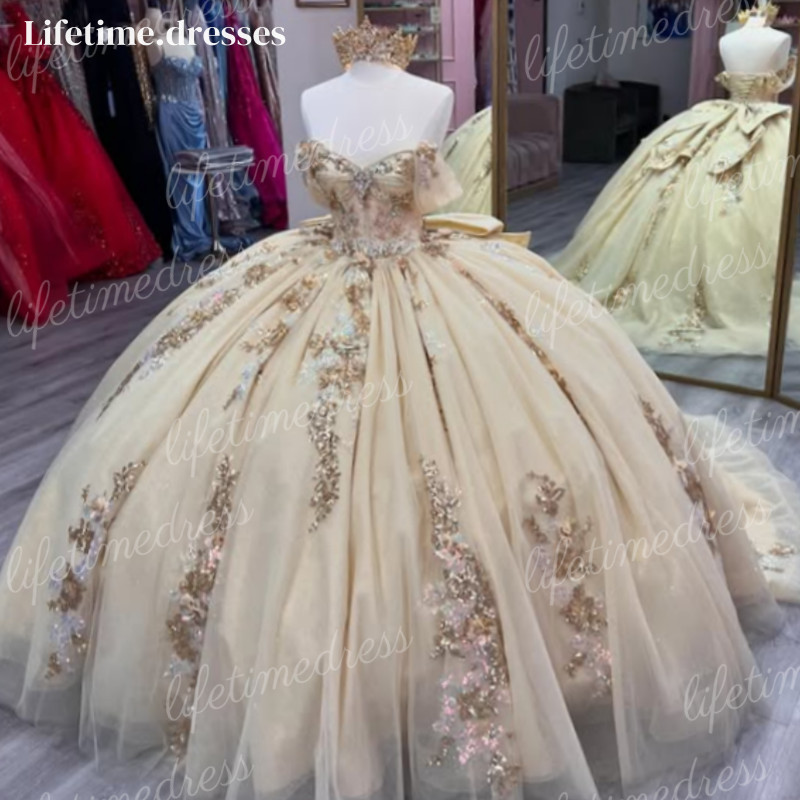 Light Yellow Quinceanera Dresses with Bow Sweet 15 16 Birthday Party Ball Gowns