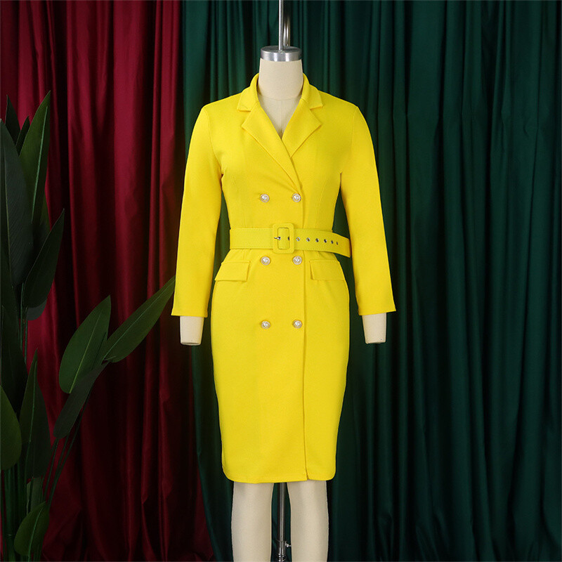 Solid Color Commute Ol Double Breasted Plus Size Suit Collar Temperament Dress